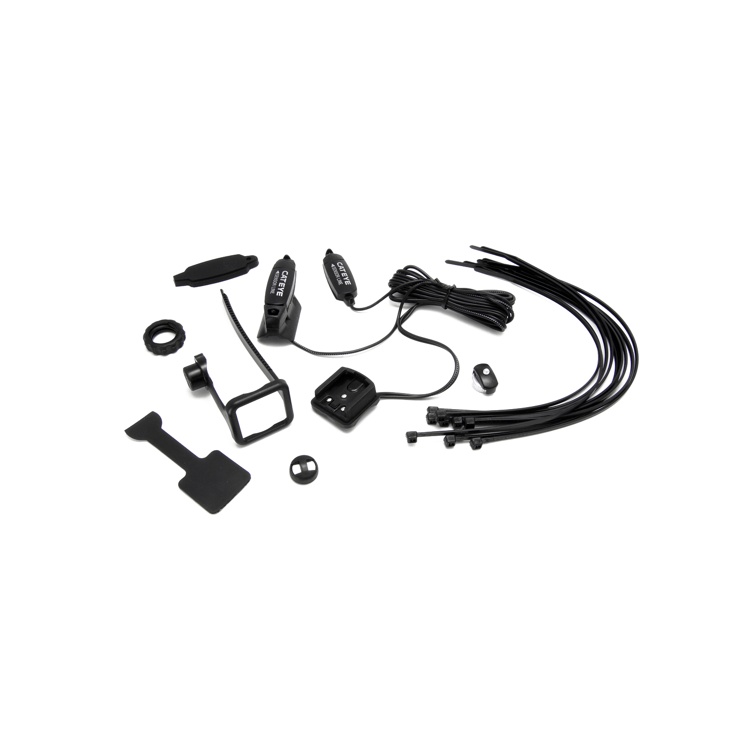 Assorted black CATEYE Strada Cadence Bracket/Sensor components, including sensors, wires, mounts, and connectors, arranged on a plain white background.