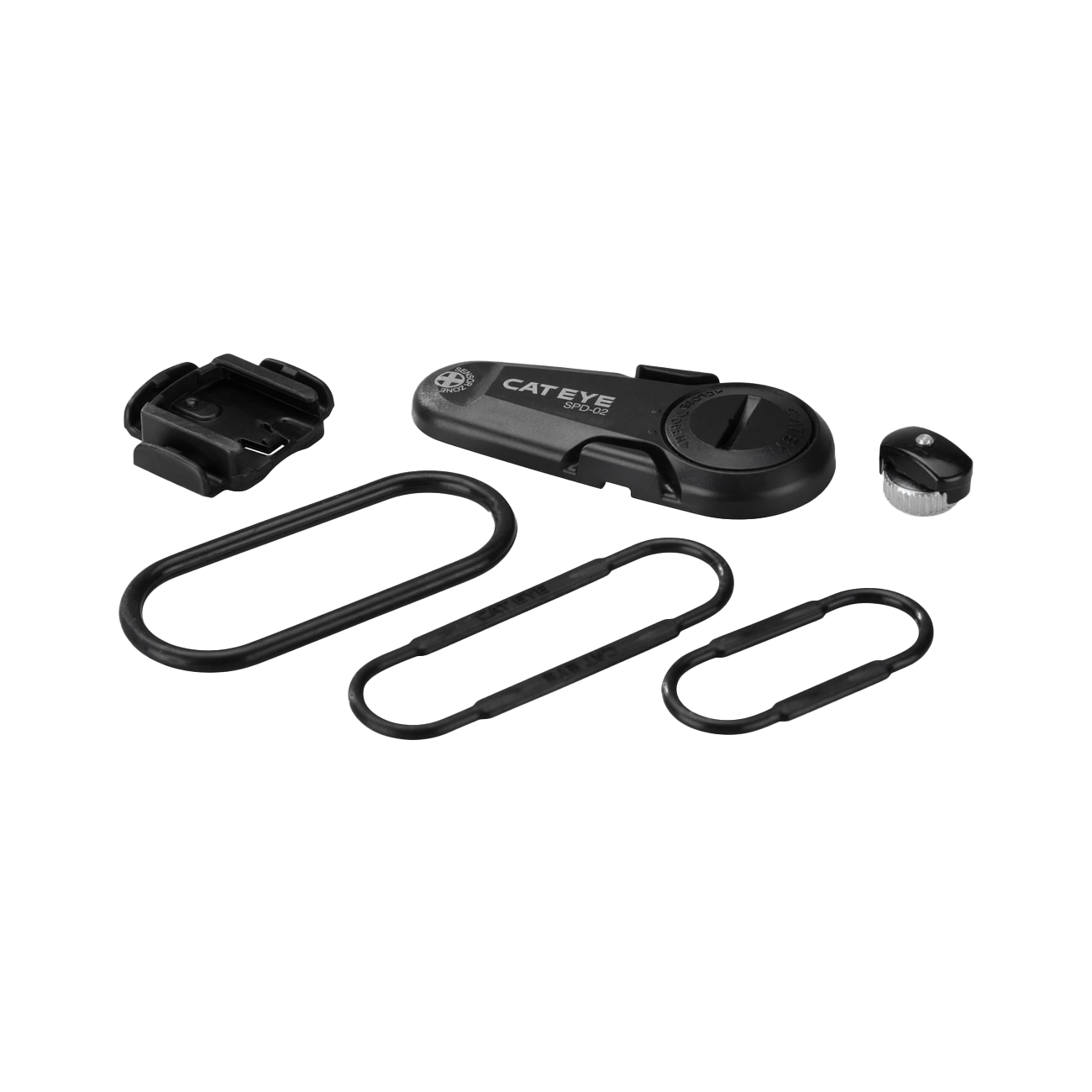 CATEYE Strada Slim Sensor & Parts kit includes an analog speed sensor, magnet, mounting bracket, and three assorted rubber bands—ideal for wireless computers. Displayed neatly on a white background.