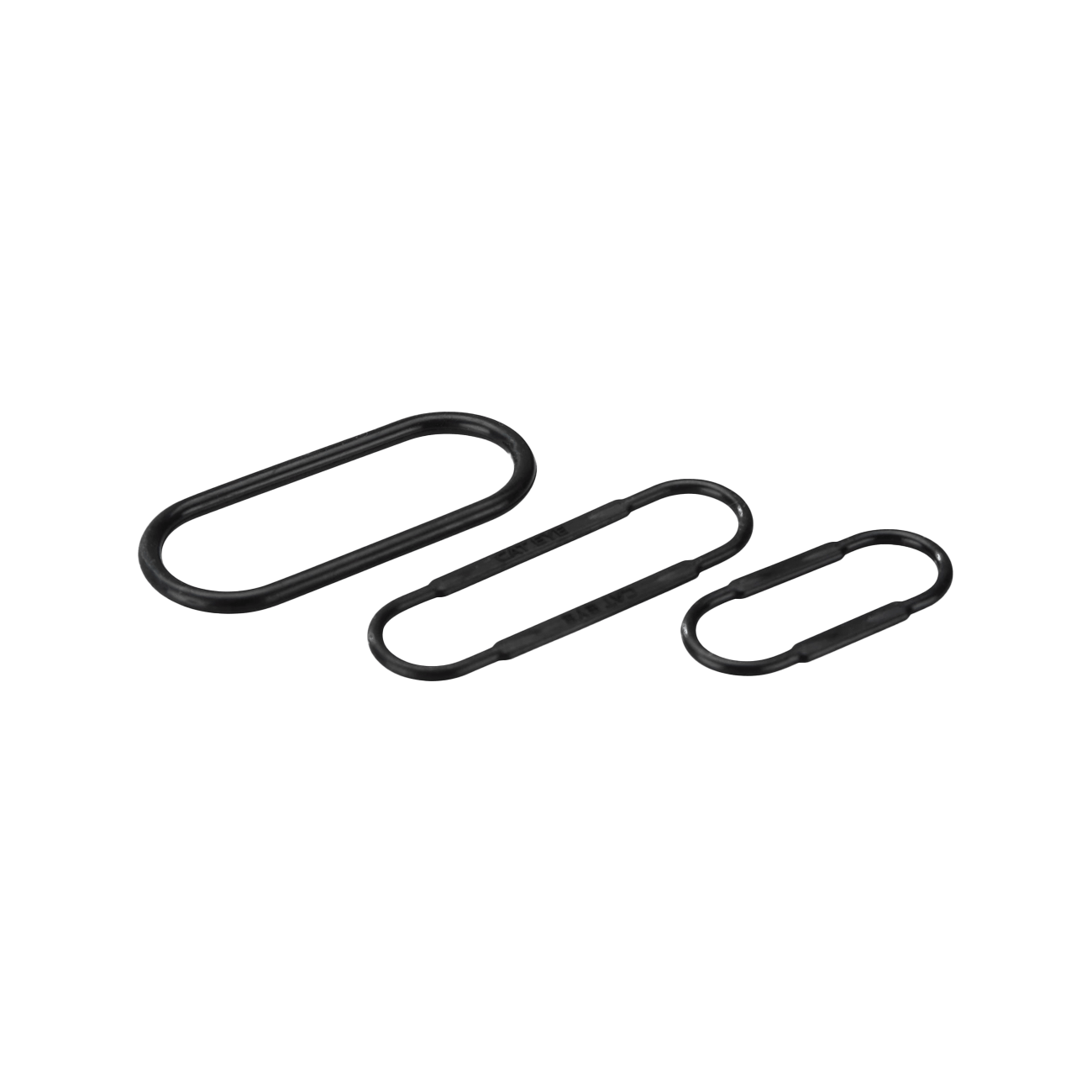 Three black, oval metal rings from the CATEYE Strada Slim Sensor & Parts are arranged in a row on a transparent background, resembling components for analog speed sensor setups used in wireless computers.