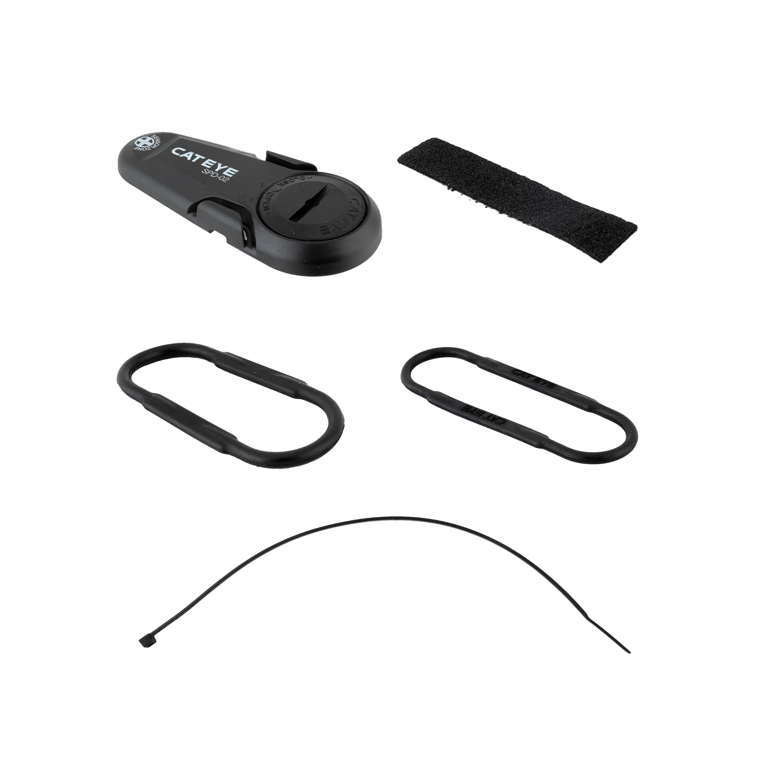 The CATEYE Strada Slim Sensor & Parts kit includes a black analog speed sensor, two rubber bands, a zip tie, and Velcro strip—compatible with CATEYE wireless computers and shown separately on a plain background.