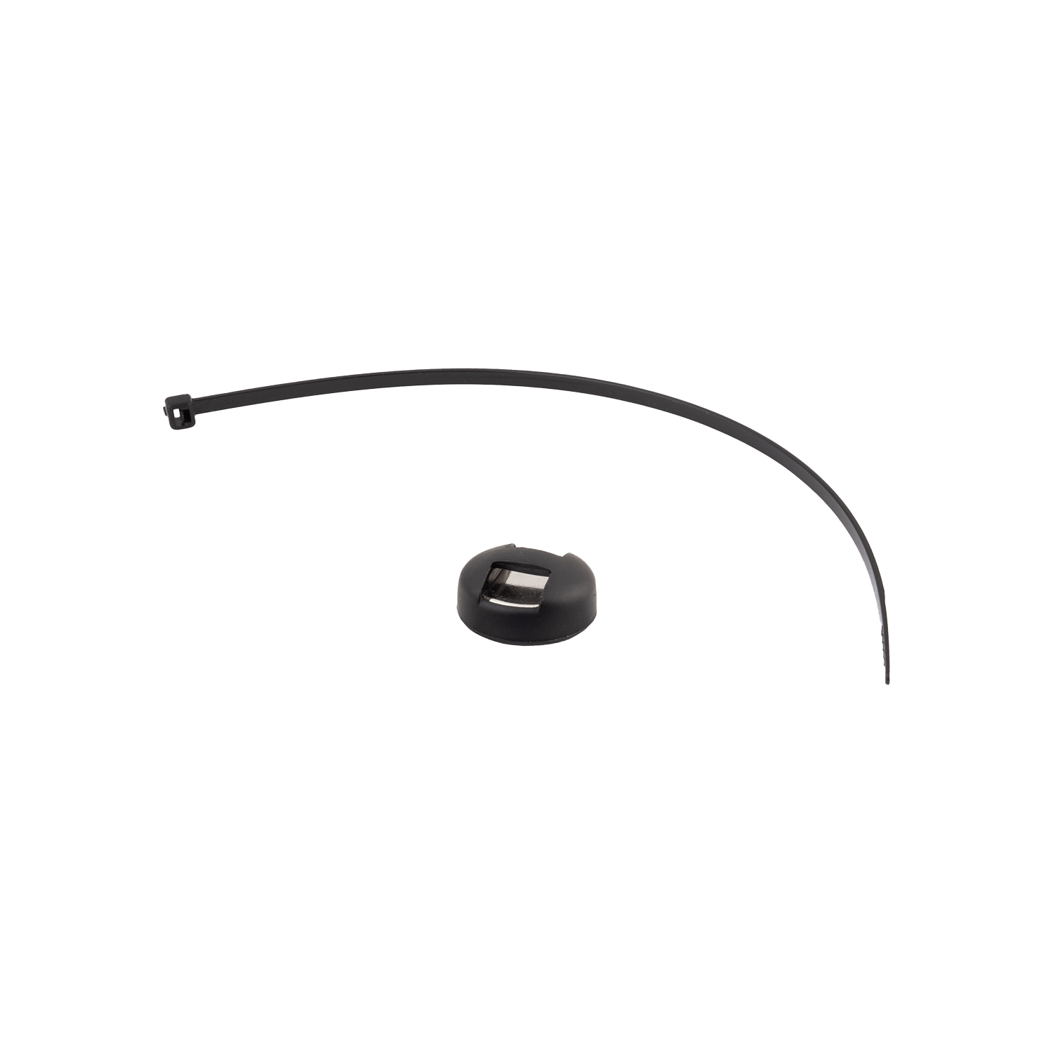 The CATEYE Universal Cadence Magnet is shown with a black cable tie and round adhesive cable tie mount, ideal for attaching the sensor to your bike’s crank arm, all displayed on a plain background.