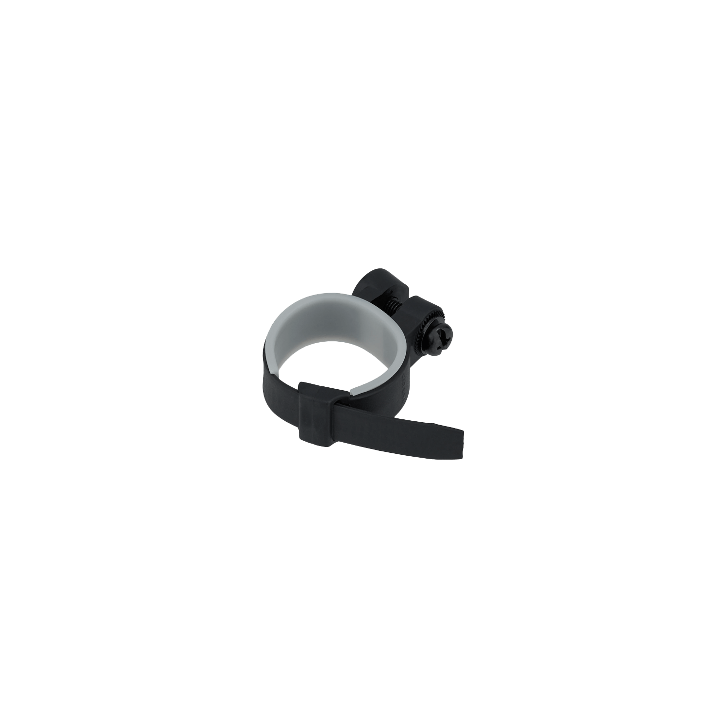The CATEYE Universal Tail Light Clamp is a black and gray plastic bike accessory with an adjustable strap and screw fastener, ideal for mounting taillights to enhance cycling safety. Product isolated on transparent background.