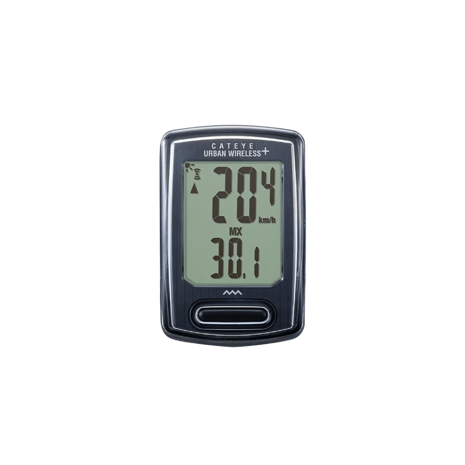 The CATEYE Urban Wireless+ (CPSC) bike computer shows a current speed of 20.4 km/h and a max speed of 30.1 km/h on its digital display.
