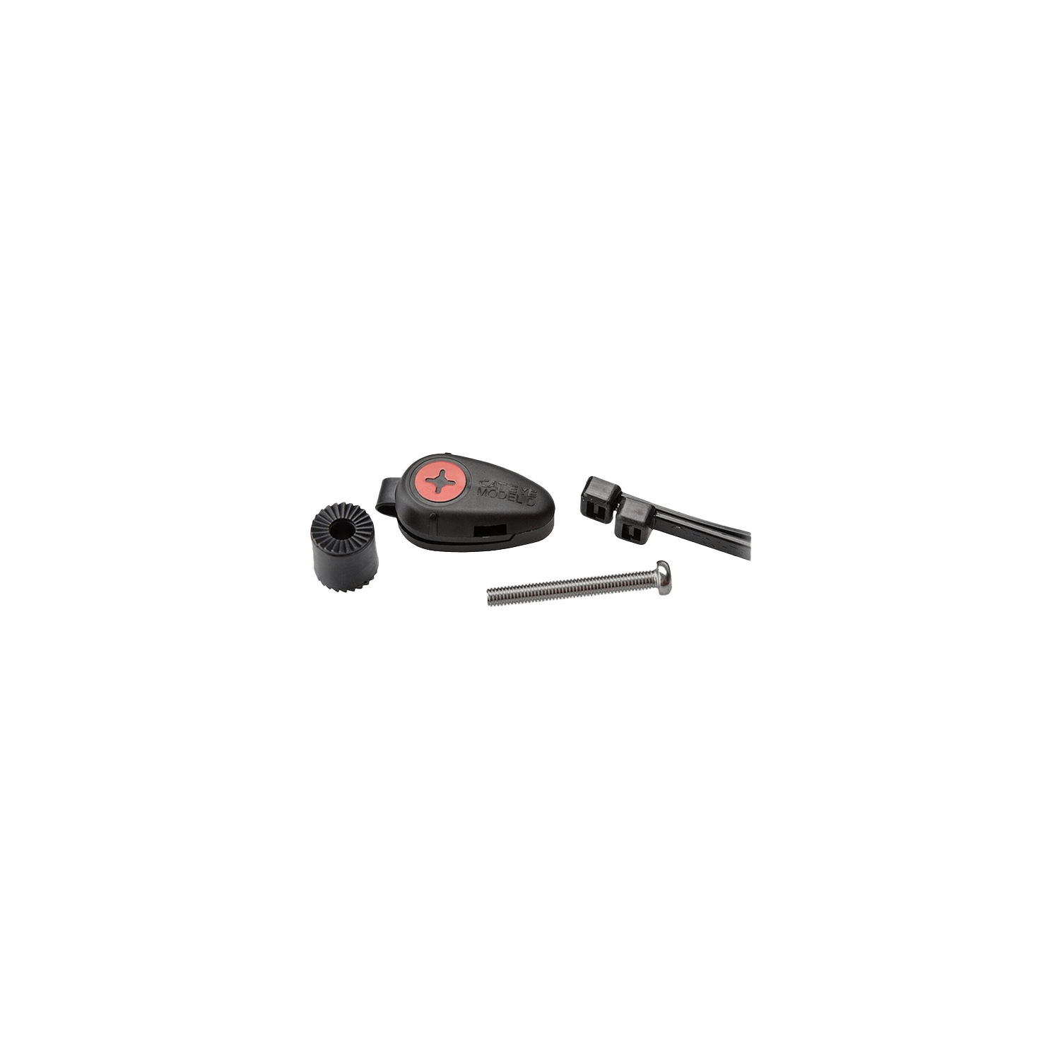 The CATEYE Universal Wheel Magnet set includes black and silver hardware: a screw, plastic washer, two small black metal pieces (one marked with a red cross). Designed for tool-free installation and full compatibility.