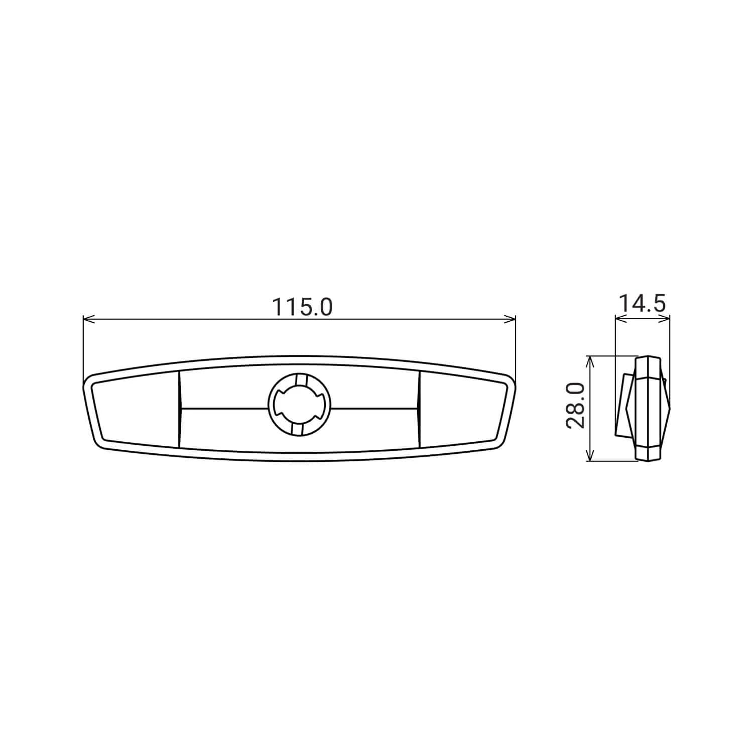 Technical drawing of a rectangular handle with central circular hole, measuring 115.0 mm x 28.0 mm x 14.5 mm, featuring CATEYE RR-530-WUW Wheel Reflector (white lens), CPSC approved.