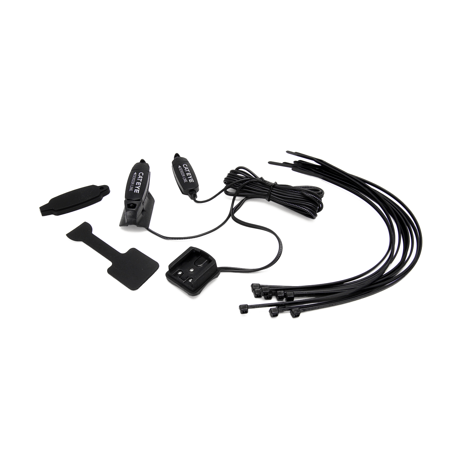 A set of black CATEYE Strada Cadence Bracket/Sensor components, including cables, zip ties, adhesive pads, and a car charger adapter, are neatly arranged on a white background.