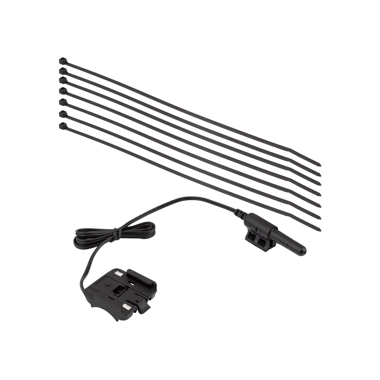 The CATEYE Velo 5 & Velo 8 Bracket/Sensor includes a wired bracket with mounting hardware and seven black zip ties—perfect for easy bike sensor replacement. Shown on a plain white background.