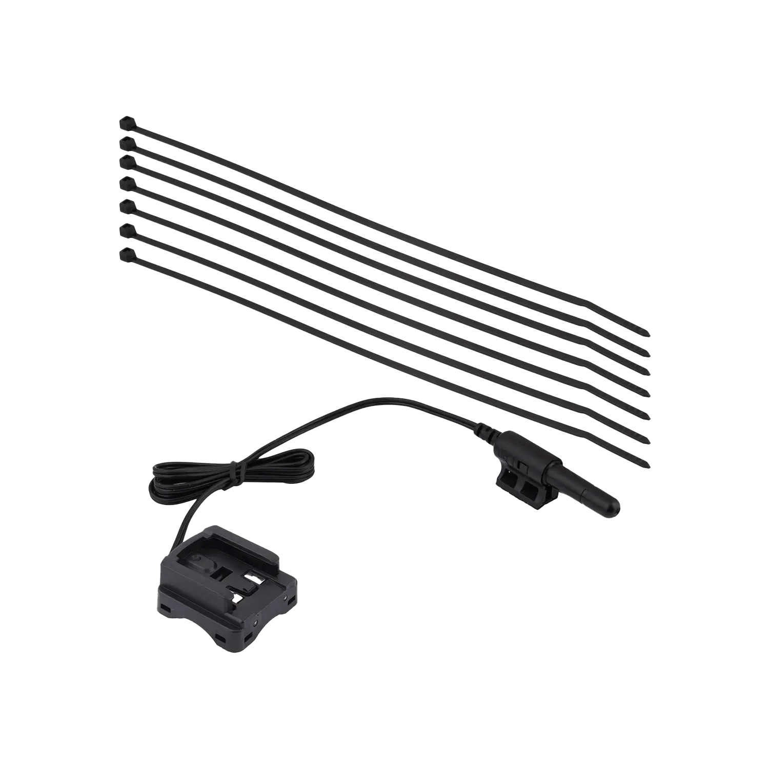 The CATEYE Velo 7 & Velo 9 Bracket/Sensor kit, in black, includes a wired bracket with plug and sensor, plus seven long black zip ties, all displayed on a transparent background.