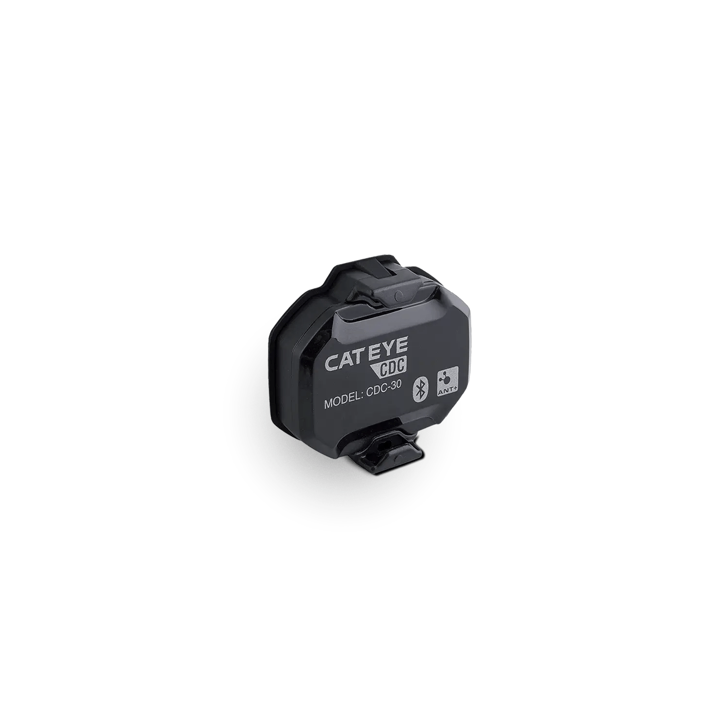 The CATEYE CDC-30 Magnetless Cadence Sensor, with a black rectangular body and mounting base, tracks cycling data via Bluetooth and ANT+, shown on a transparent background.