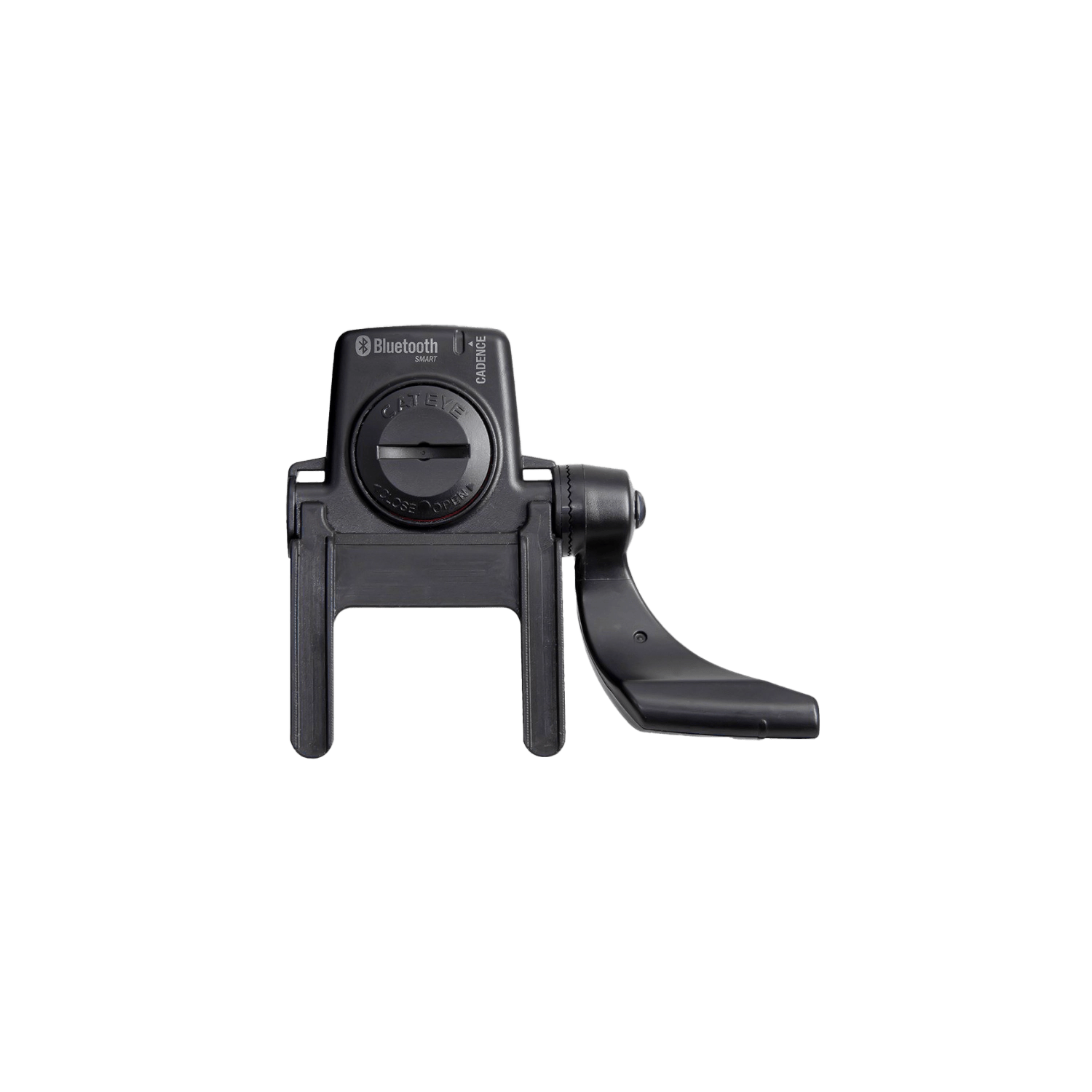 A close-up of the CATEYE ISC-12 Bluetooth Speed & Cadence Sensor, featuring a central round dial and right-side lever, ideal for tracking cycling performance, isolated on a transparent background.