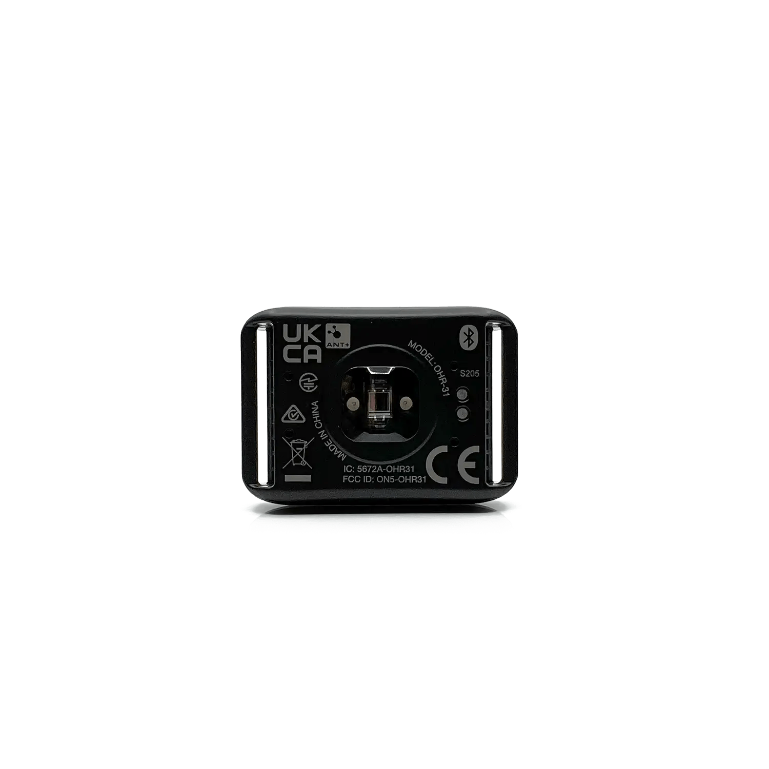 A rectangular black CATEYE OHR-31 Optical Heart Rate Sensor viewed from the back, showing certification logos, a central connector port, Bluetooth 5.0, and model information labels on a white background.