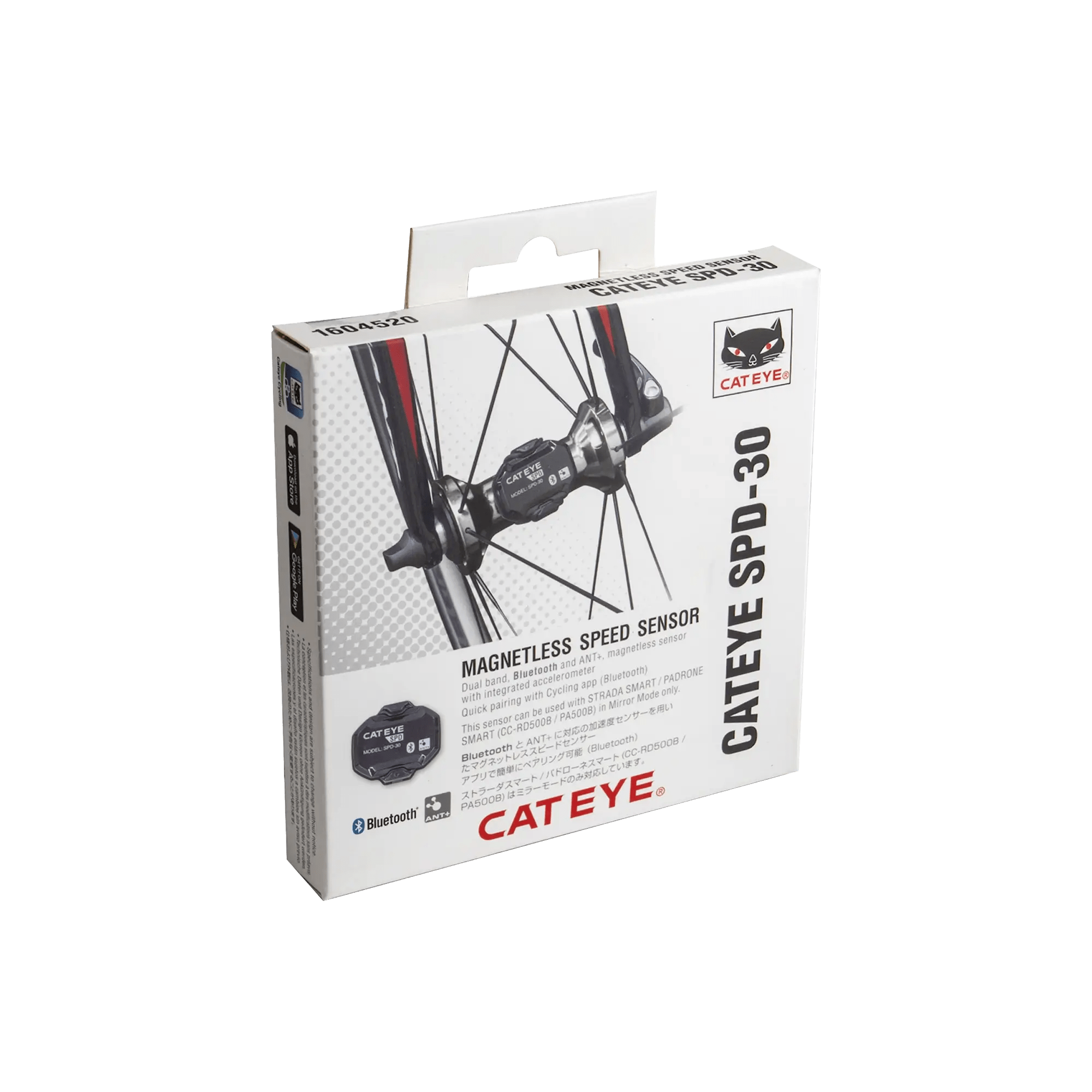 A white CATEYE SPD-30 Magnetless Speed Sensor box displays the product attached to a bicycle wheel, highlighting Bluetooth® and ANT+ connectivity with key features in black and red text.
