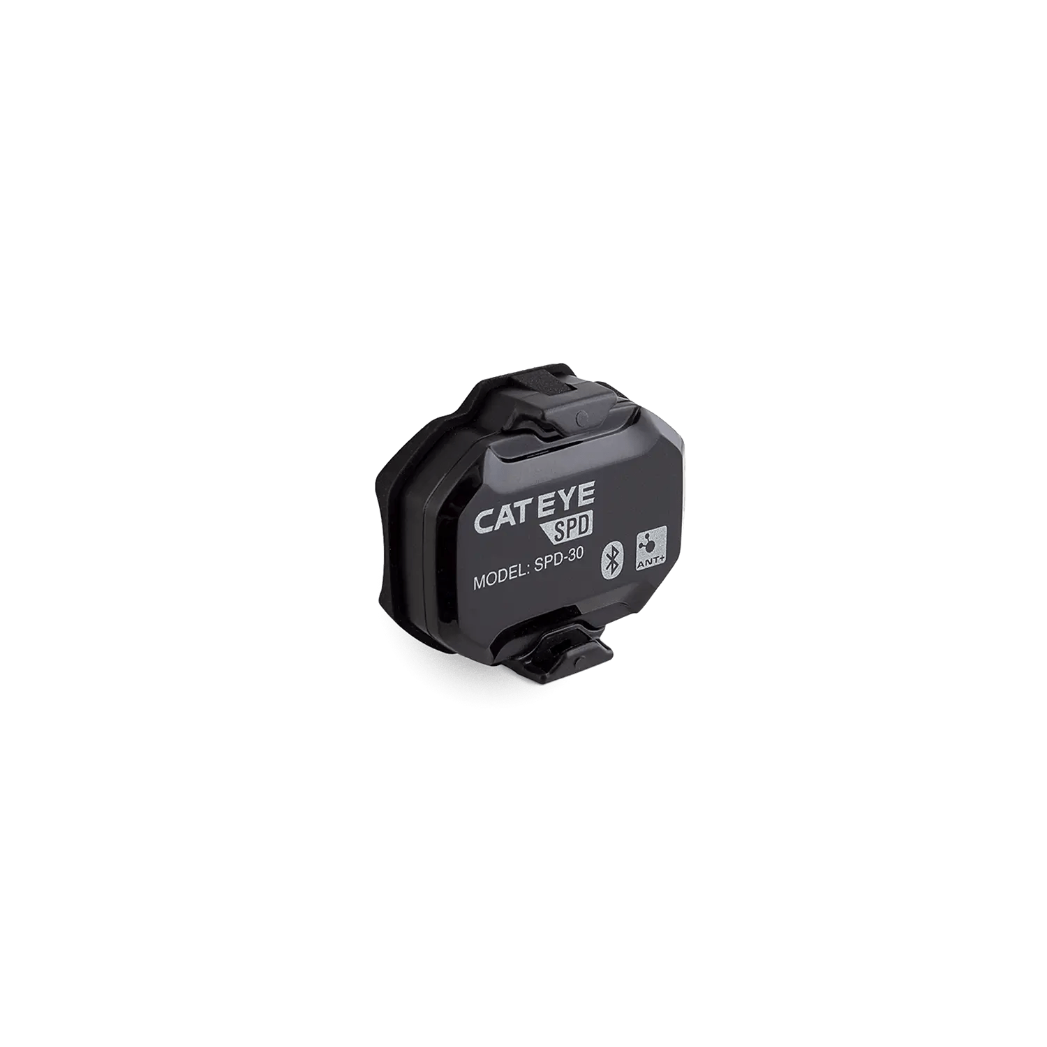 A CATEYE SPD-30 Magnetless Speed Sensor in black, designed for cycling, features Bluetooth® and ANT+ connectivity and includes a clip, isolated on a transparent background.