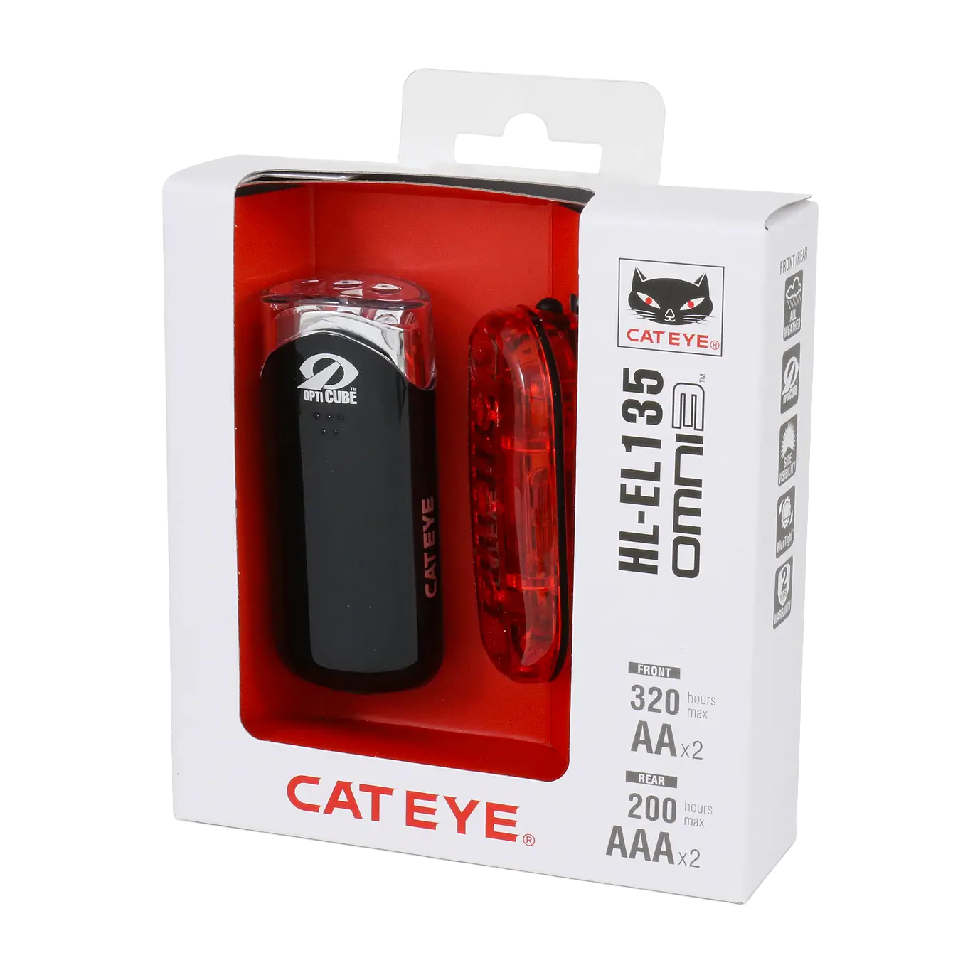 The CATEYE HL-EL135 & OMNI 3 LED bike lights set in retail packaging features OptiCube lens technology, black front and red rear lights with up to 320/200 hours runtime on AAA batteries—ideal commuter safety lights for visibility.