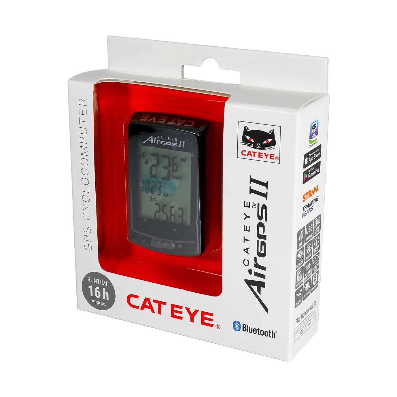 A CATEYE AirGPS II bicycle GPS cyclocomputer in its white and red box, showcasing 16-hour runtime, Bluetooth, GPS accuracy, and CatEye Cycling app support. The black device is visible through a clear plastic window.