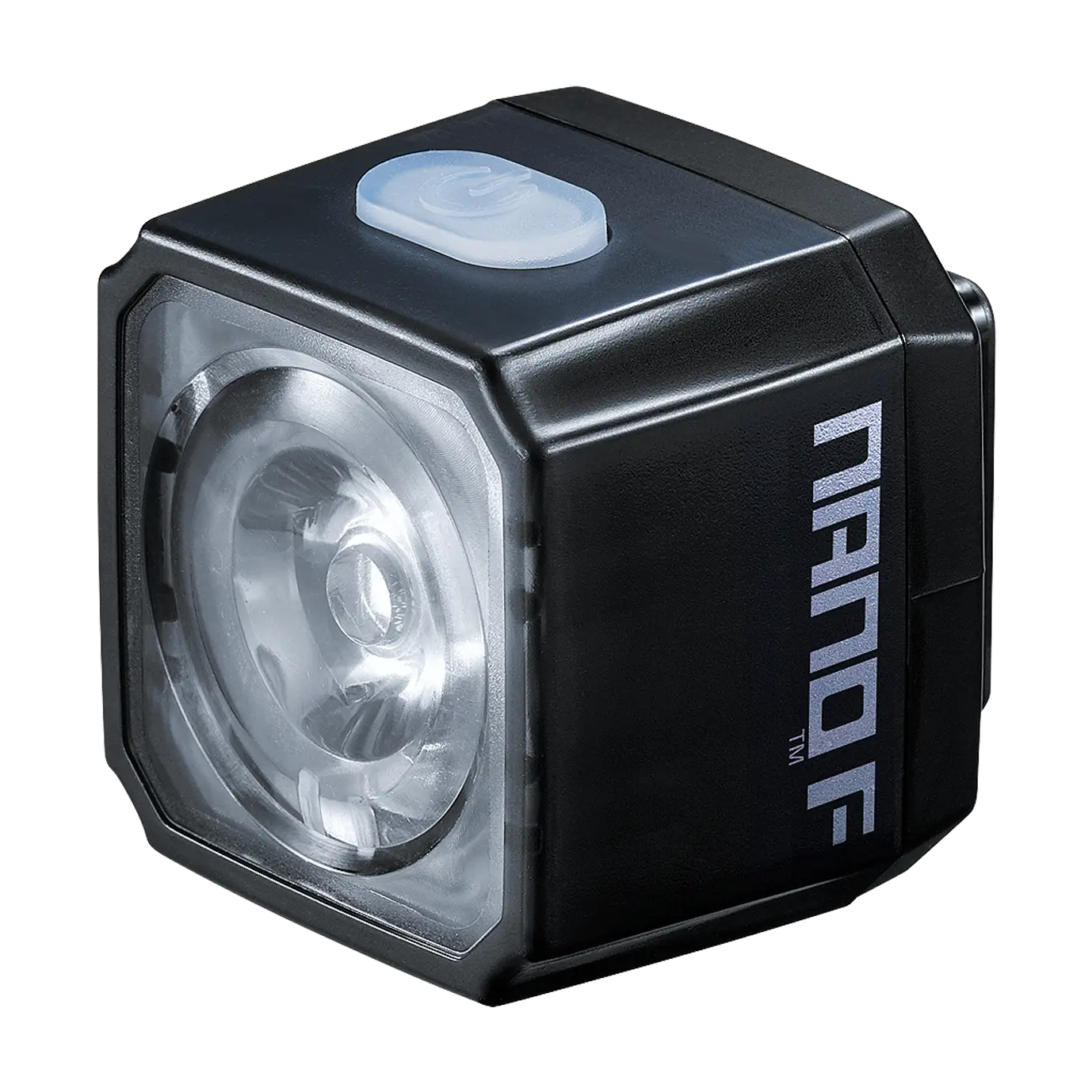 The CATEYE NANO100 F is a compact, black, cube-shaped 100-lumen bike light with a clear front lens and gray top power button, offering daytime front safety and visibility.