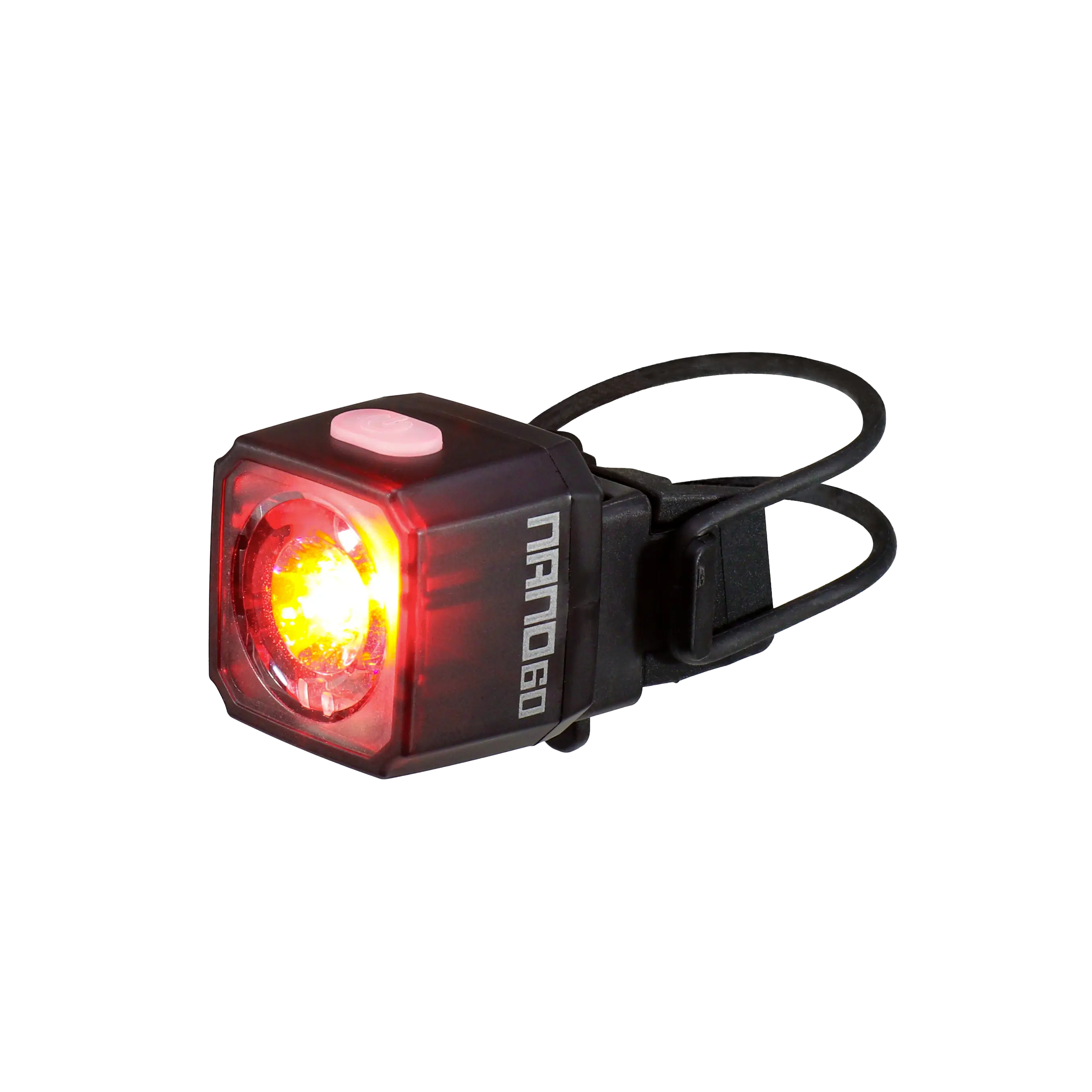 A compact, black, rectangular CATEYE NANO60 bike tail light with a red LED, pink top button, and rubber mounting strap. USB-C rechargeable for enhanced daytime visibility, with NANO60 printed on the side.