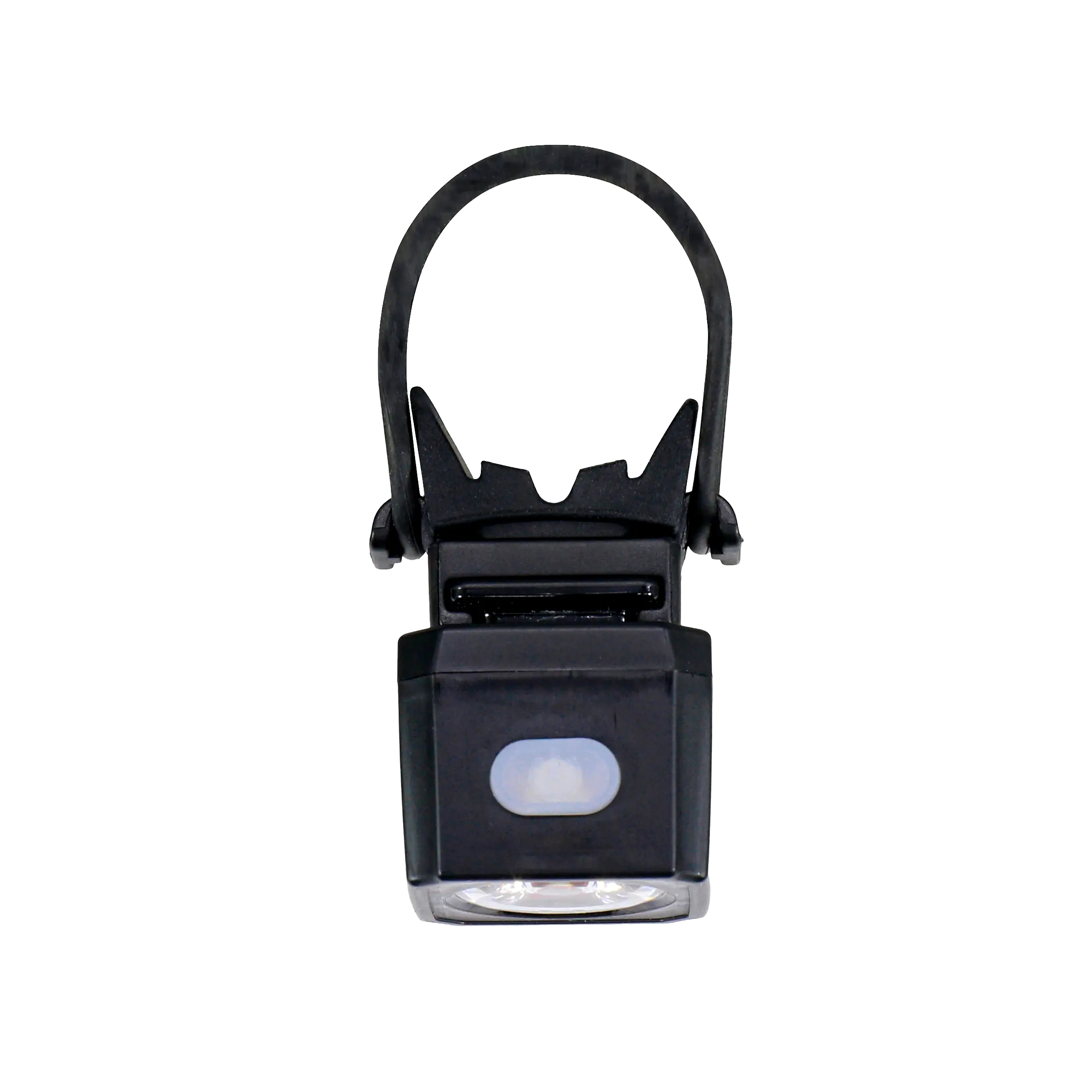The CATEYE NANO60 is a small, black, square LED bike light with a flexible rubber strap for easy mounting. It’s USB-C rechargeable, features a white front button, and serves as a daytime visible safety light.