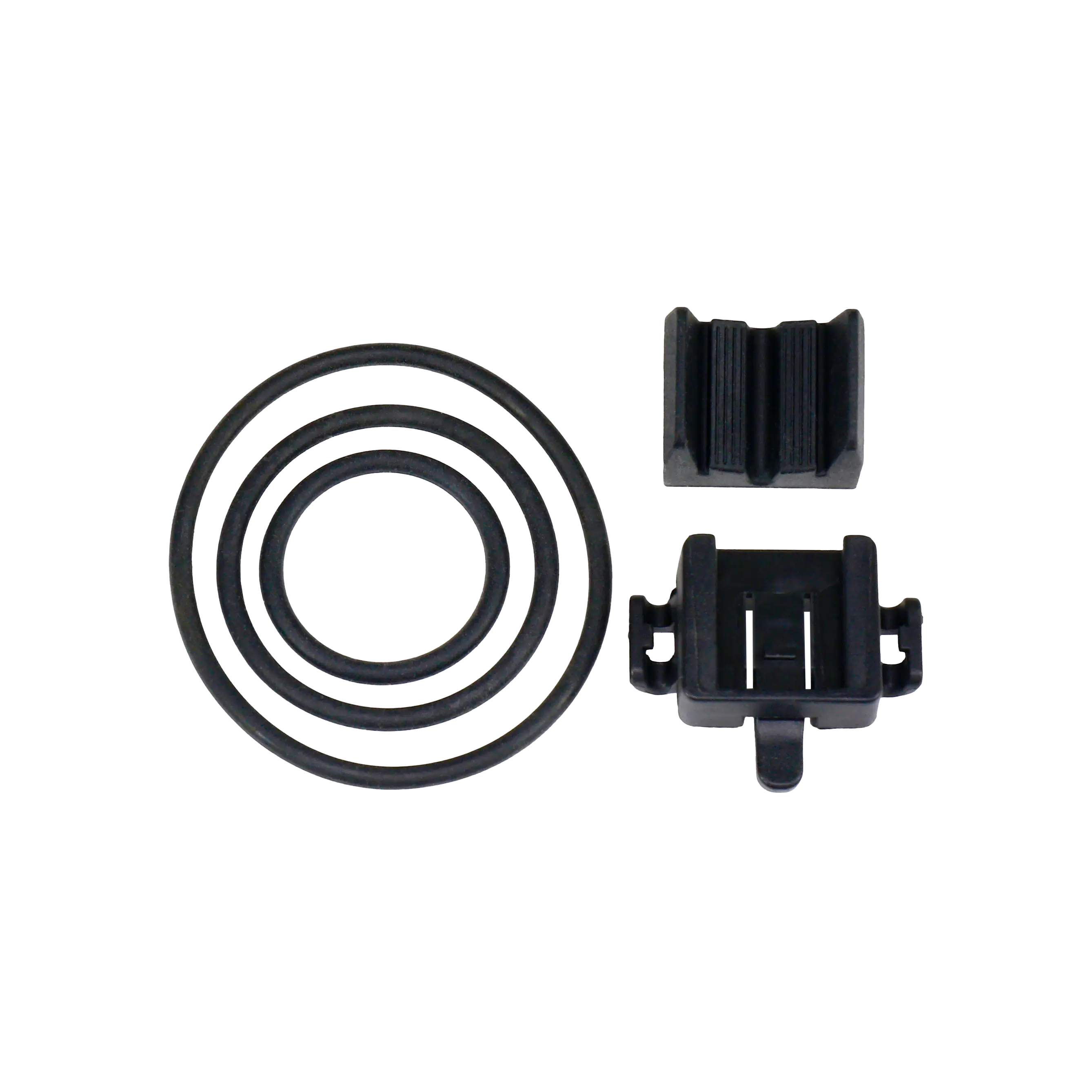Three black rubber O-rings and two small black plastic mounting clips for the CATEYE NANO60 USB-C rechargeable bike light are arranged on a transparent background, ideal for securing your safety light.