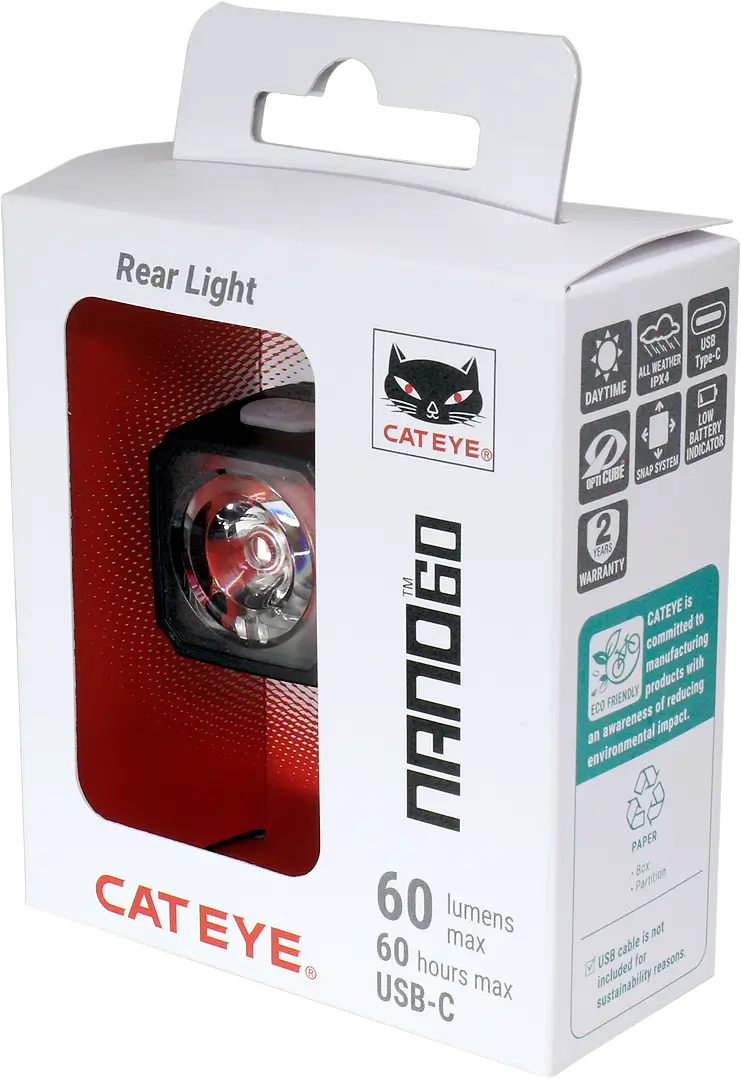 A white box of CATEYE NANO60 rear bike light with a window shows the light. Packaging highlights 60 lumens, daytime visible safety, USB-C charging, up to 60 hours runtime, and a 2-year warranty.