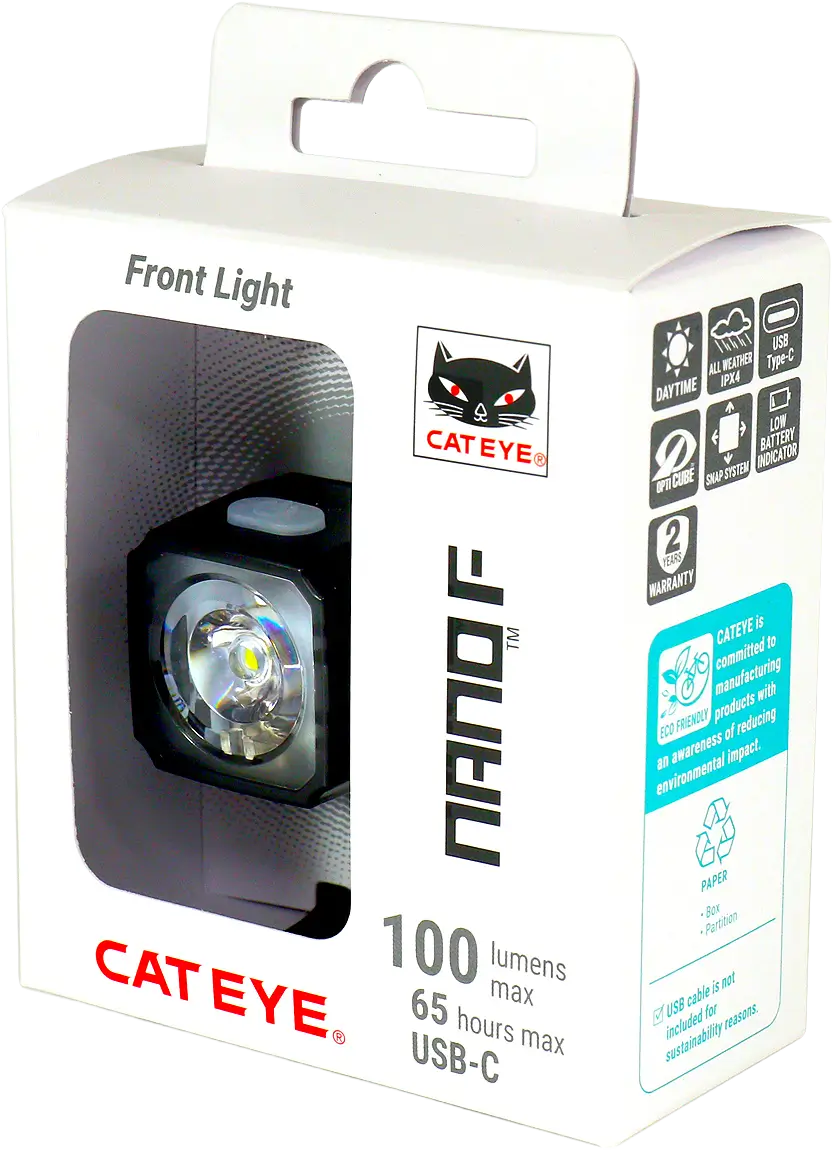 A white box with a cut-out window displays the CATEYE NANO100 F, a 100-lumen bike light. The packaging highlights up to 65 hours runtime, USB-C recharging, and use of eco-friendly materials.