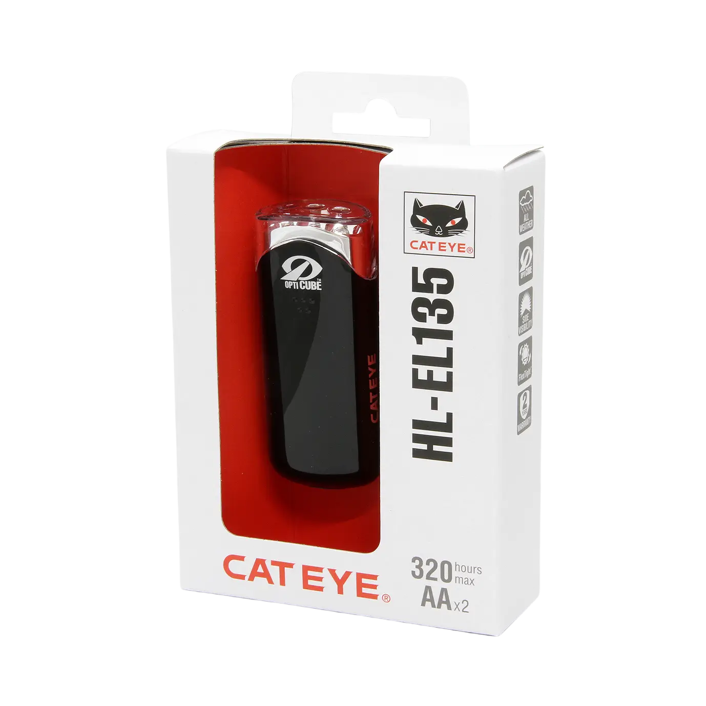 A CATEYE HL-EL135N bike light in black, shown in white/red packaging with a clear window. Features an OptiCube lens, up to 320 hours runtime, and runs on two AA batteries—ideal for reliable cycling safety.