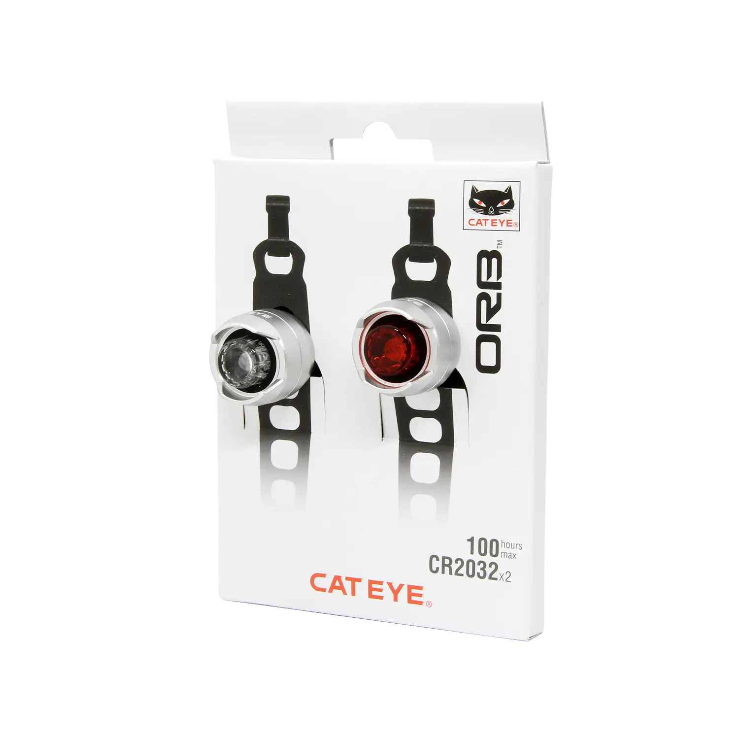The CATEYE ORB Combo Kit bike light set in packaging includes two compact safety lights—white and red lenses—with black mounting straps. Text shows “100 hours CR2032” and “CATEYE” for enhanced visibility.