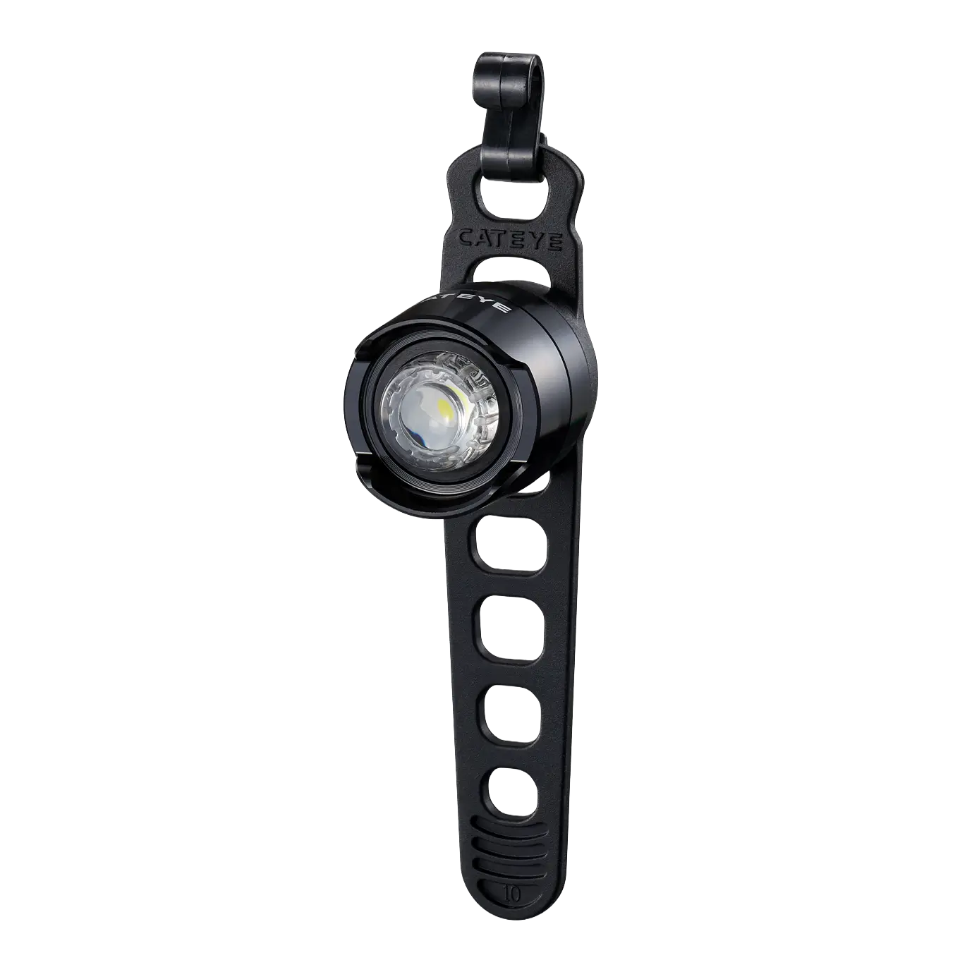 The CATEYE ORB Rechargeable is a compact black LED bike safety light with a round lens and adjustable rubber strap for easy bicycle attachment.