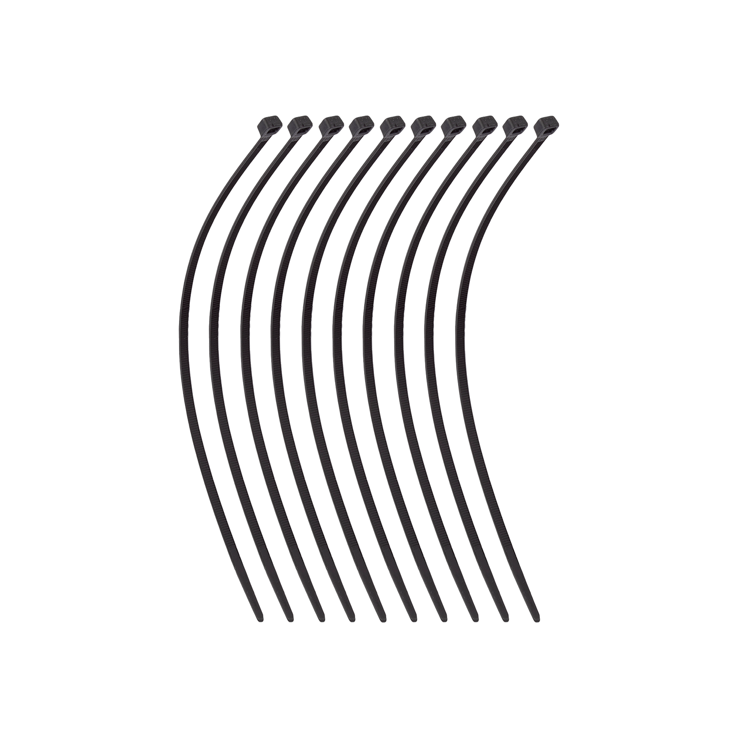 Ten black CATEYE Zip-Ties are neatly arranged on a white background—ideal for securely mounting your equipment.
