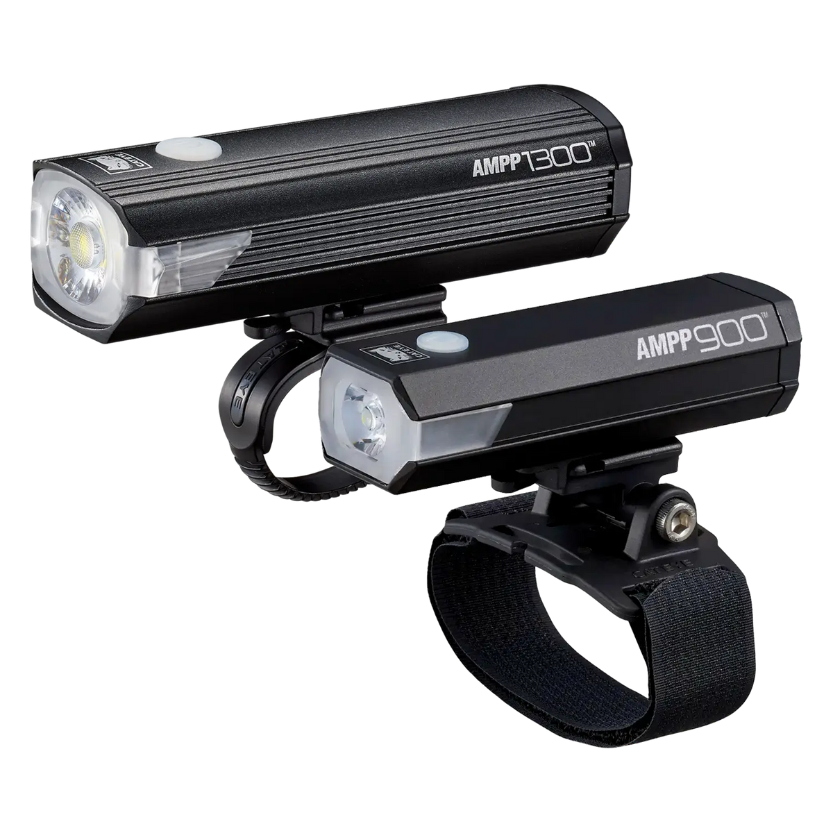 The CATEYE AMPP1300 & AMPP900 With Helmet Mount set delivers up to 2200 lumens, featuring two black bike headlights with mounting brackets and adjustable straps—ideal for MTB trails or pairing on bars and helmets.