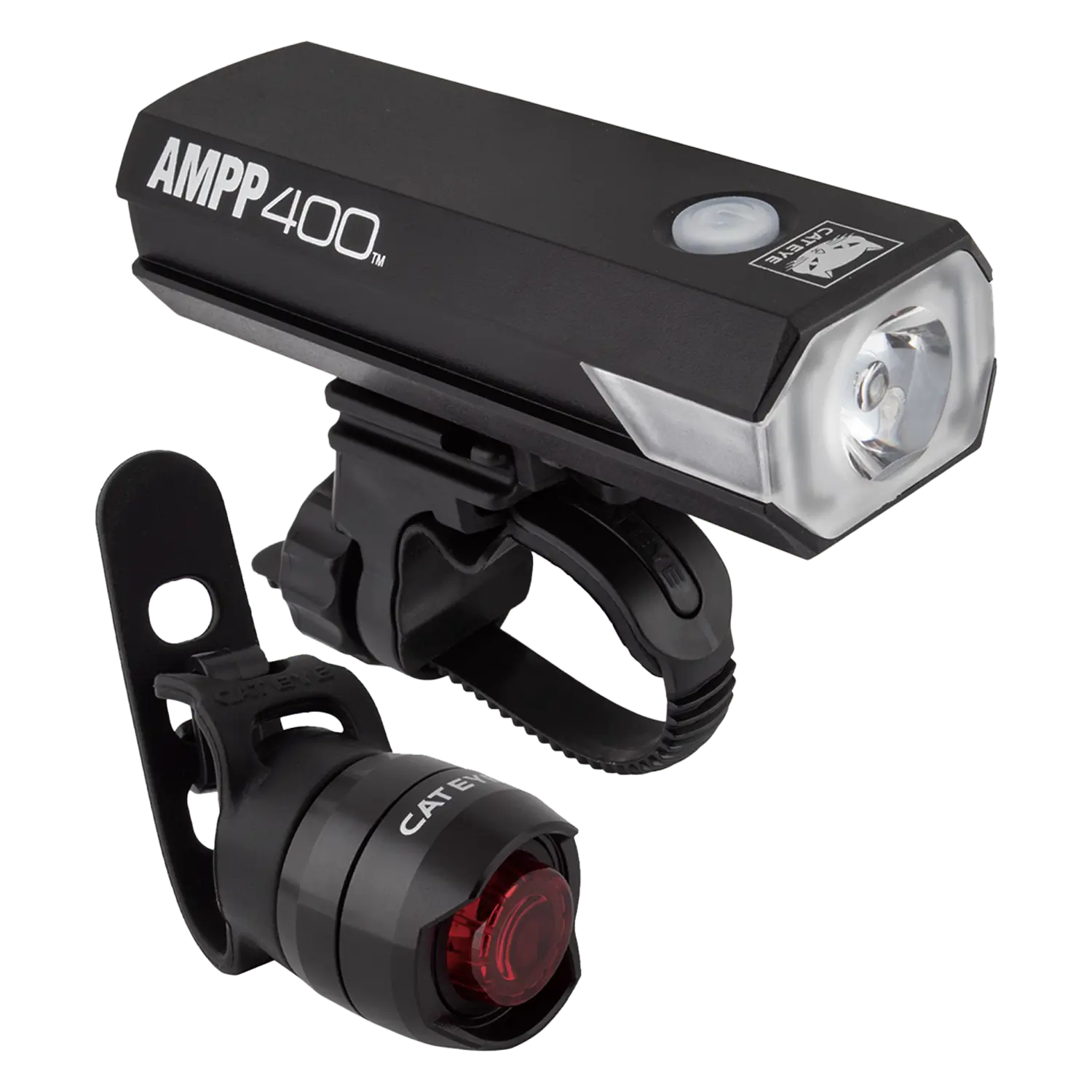 The CATEYE AMPP400 & ORB Rechargeable set includes a rectangular front light and small round rear light, both black and equipped with FlexTight™ brackets for secure mounting.