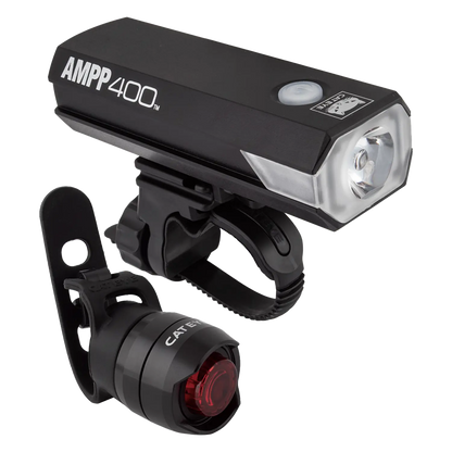 The CATEYE AMPP400 & ORB Rechargeable set includes a rectangular front light and small round rear light, both black and equipped with FlexTight™ brackets for secure mounting.