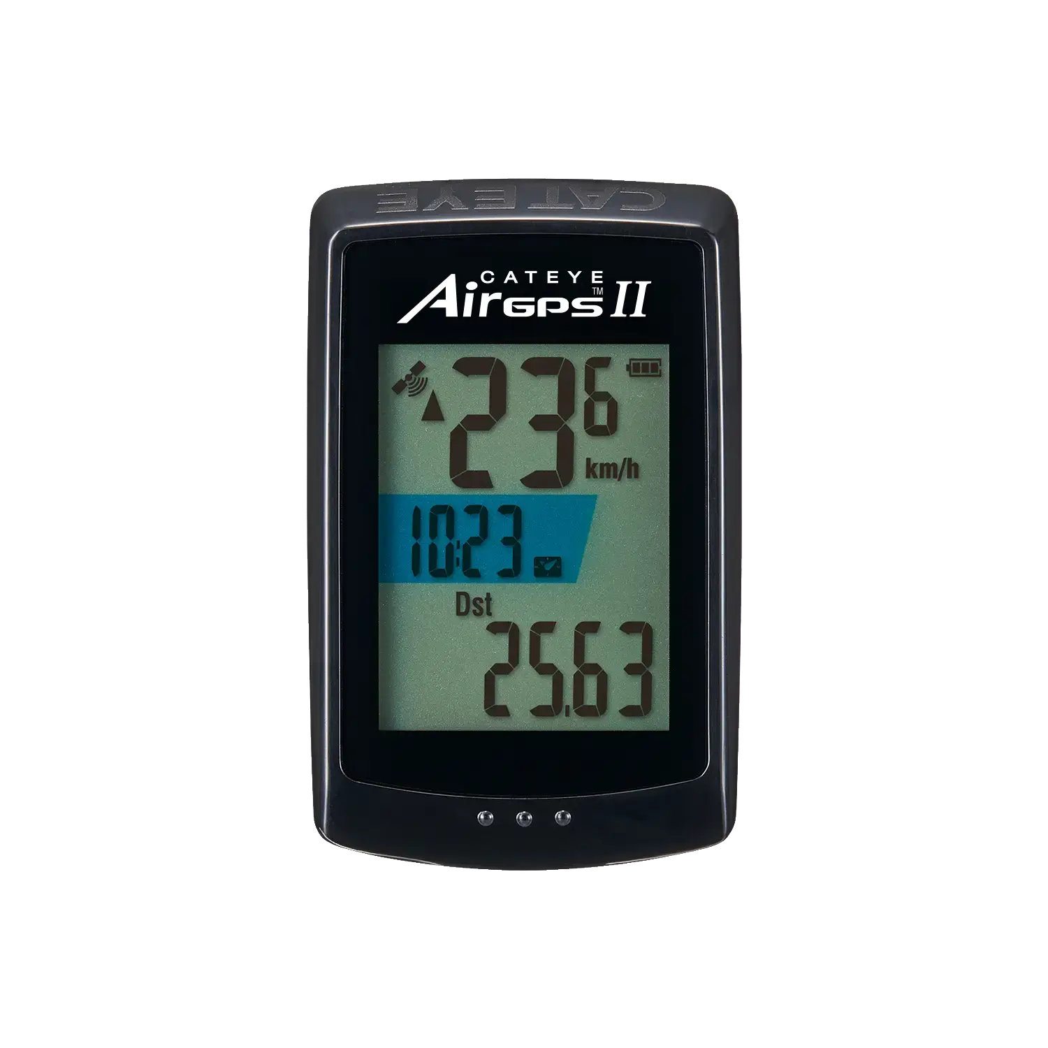 The CATEYE AirGPS II bike computer displays speed (23.6 km/h), time (10:23), battery level, and distance (25.63 km) on its screen, and syncs with the CatEye Cycling app for advanced tracking.