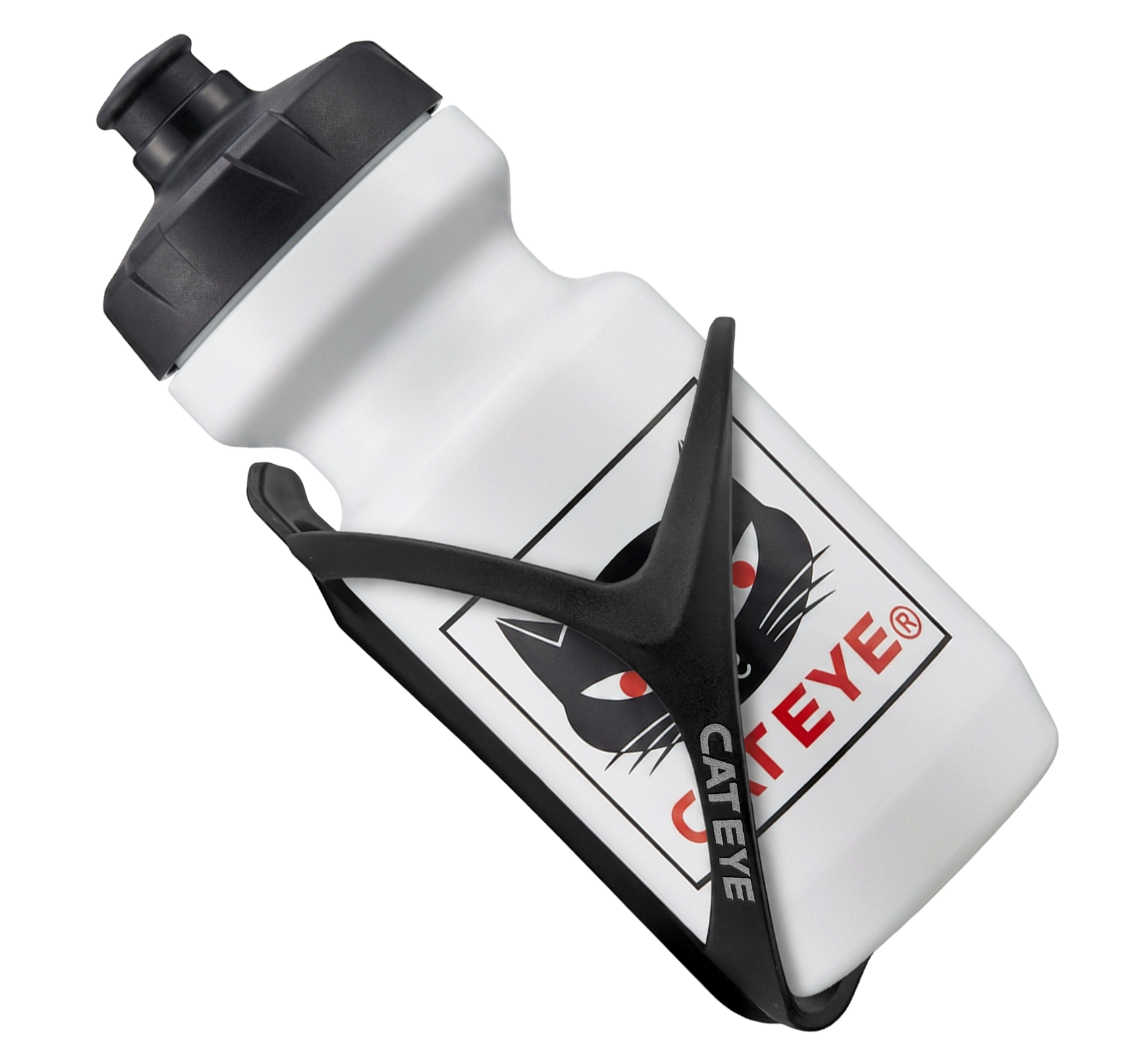 A lightweight white CATEYE water bottle with a black cap, featuring a black cat logo with red eyes and red CATEYE text, is held securely in a black BC-400 Bottle Cage by CATEYE.