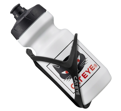 A lightweight white CATEYE water bottle with a black cap, featuring a black cat logo with red eyes and red CATEYE text, is held securely in a black BC-400 Bottle Cage by CATEYE.