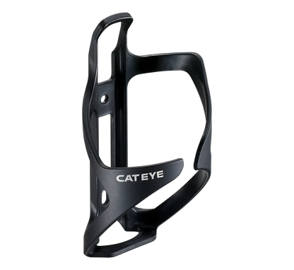 The CATEYE BC-500 Bottle Cage in black features a sleek, lightweight side-loading design, ideal for bikepacking, displayed on a plain white background.
