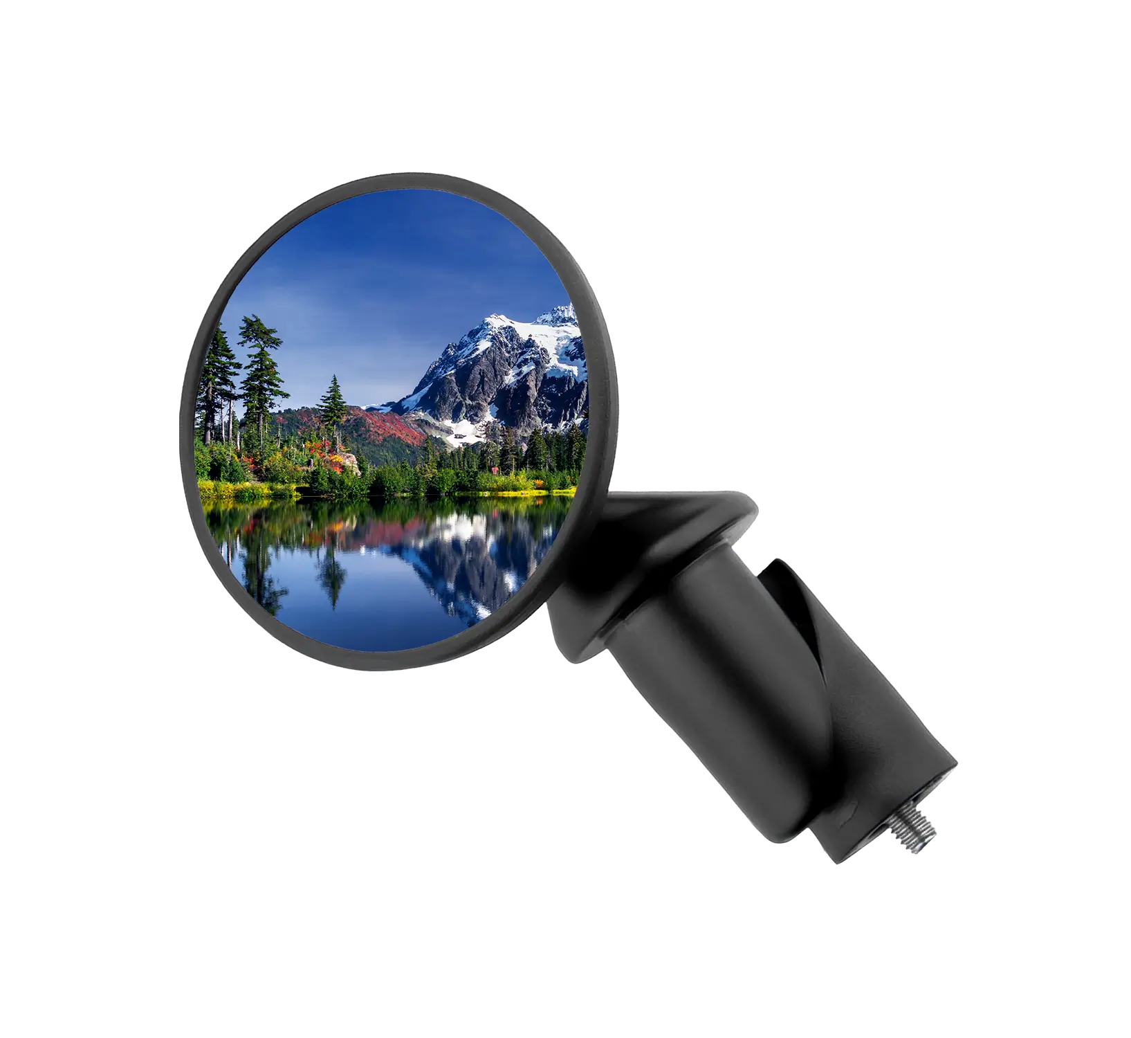 The CATEYE BM-45 Bar End Mirror displays a scenic reflection of a snow-capped mountain, trees, and a lake with clear reflections, all set against a plain white background.