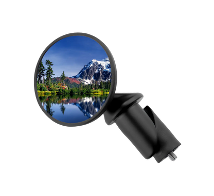 The CATEYE BM-45 Bar End Mirror displays a scenic reflection of a snow-capped mountain, trees, and a lake with clear reflections, all set against a plain white background.