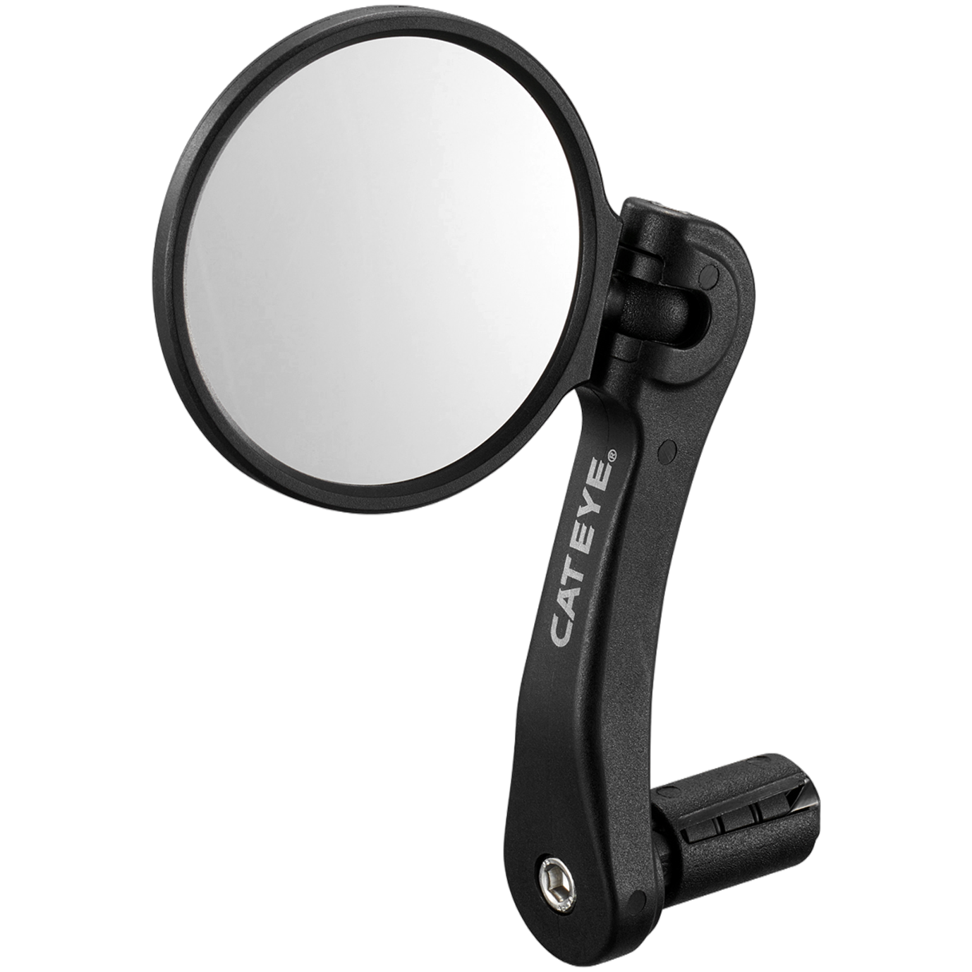 The CATEYE BM-600 Handlebar Mirror features a stainless steel lens, black adjustable arm with CATEYE branding, and a secure handlebar mount for improved rear visibility.