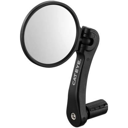 The CATEYE BM-600 Handlebar Mirror features a stainless steel lens, black adjustable arm with CATEYE branding, and a secure handlebar mount for improved rear visibility.