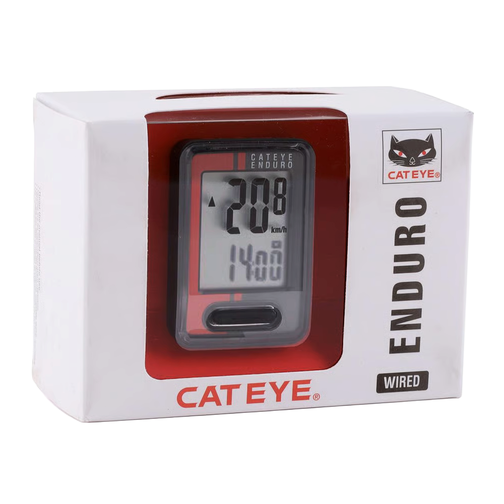 A CATEYE Enduro (CPSC) heavy-duty wired computer in its box shows 20.8 km/h. The white and red packaging features the CATEYE logo—perfect for adventurous cyclists and off-road riding.