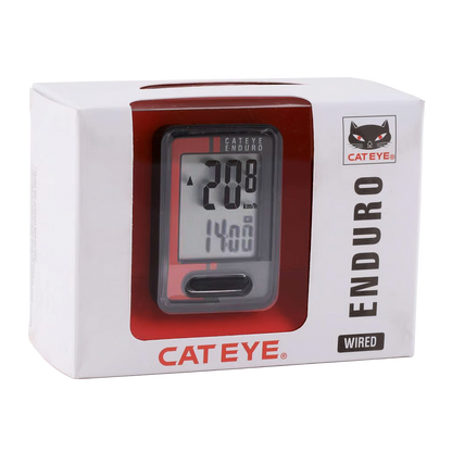 A CATEYE Enduro (CPSC) heavy-duty wired computer in its box shows 20.8 km/h. The white and red packaging features the CATEYE logo—perfect for adventurous cyclists and off-road riding.