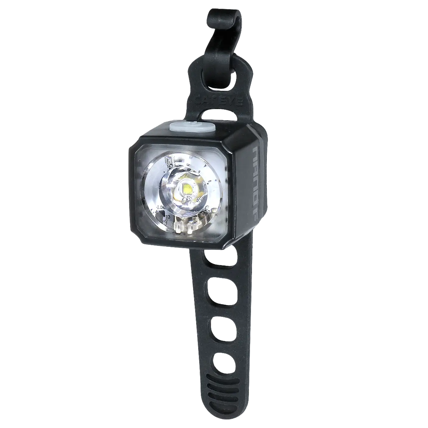The CATEYE NANO100 F is a compact black bike light with a clear lens, offering 100 lumens and a silicone strap with multiple holes for adjustable attachment, shown against a white background.
