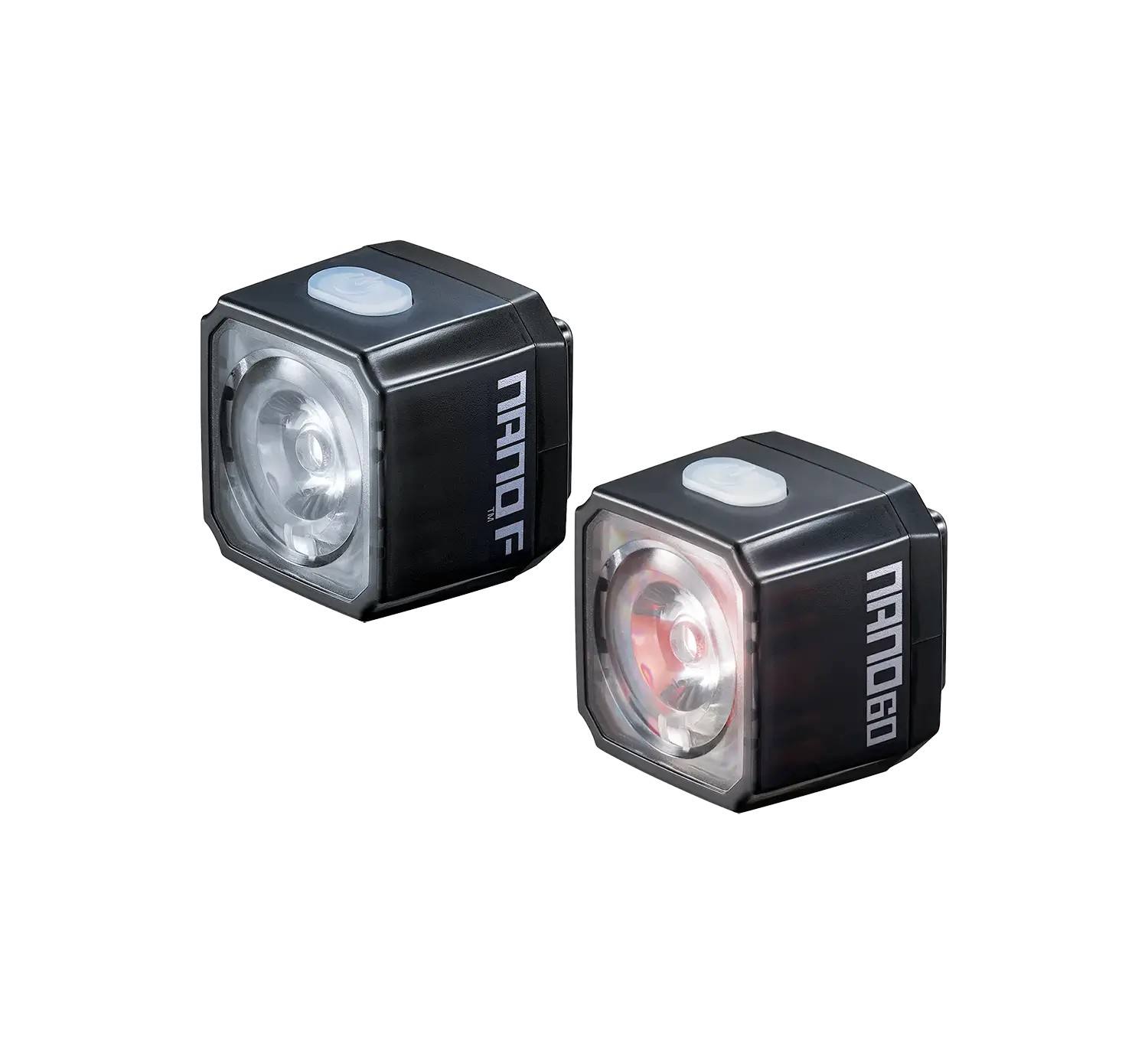 Two small, black, cube-shaped CATEYE bike lights—NANO100 F (white LED) and NANO60 (red LED)—with USB-C charging are shown side by side on a plain white background, each displaying the CATEYE branding.
