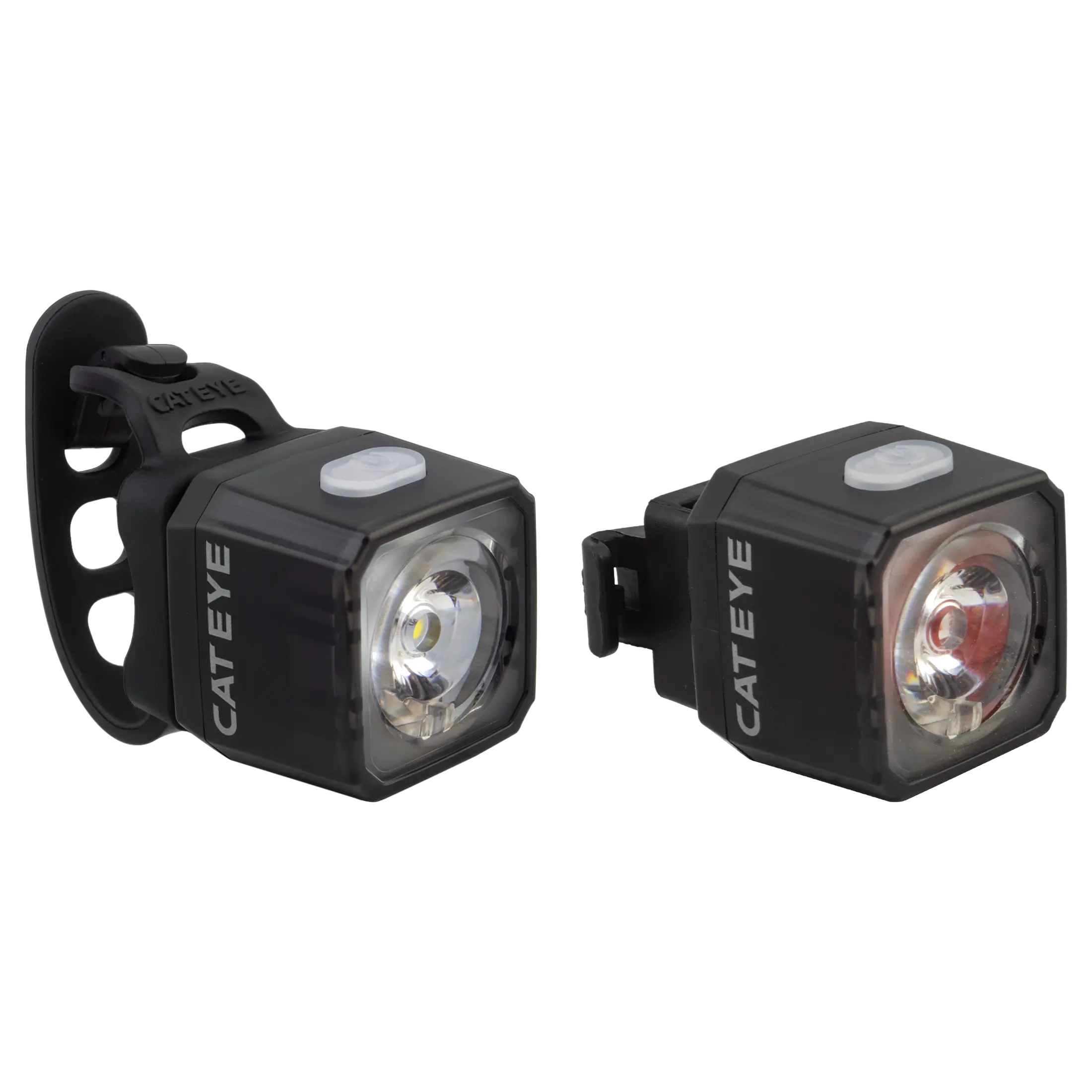 The CATEYE NANO100 F & NANO60 set includes two black, USB-C rechargeable bike lights with square designs, white power buttons, and rubber straps—one front white light and one rear red for enhanced daytime visibility.