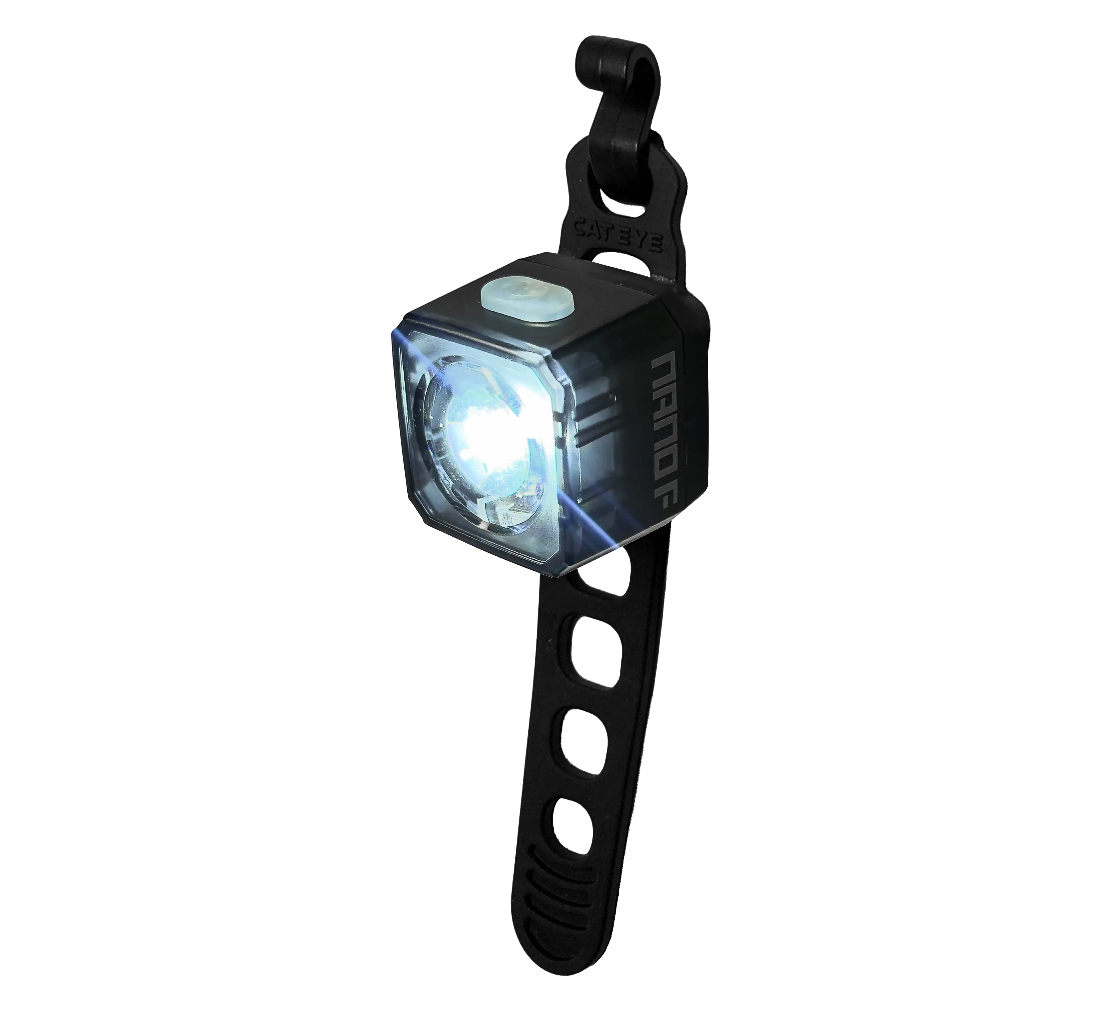 The CATEYE NANO100 F is a small, cube-shaped bike light with a glowing white LED (100 lumens), attached to a black adjustable rubber strap with circular holes and a hook for mounting.