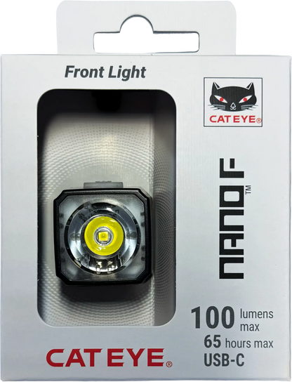 The CATEYE NANO100 F is a 100-lumen bicycle headlight in packaging, with up to 65 hours of use, USB-C charging, and the cat face logo—perfect for daytime front safety.