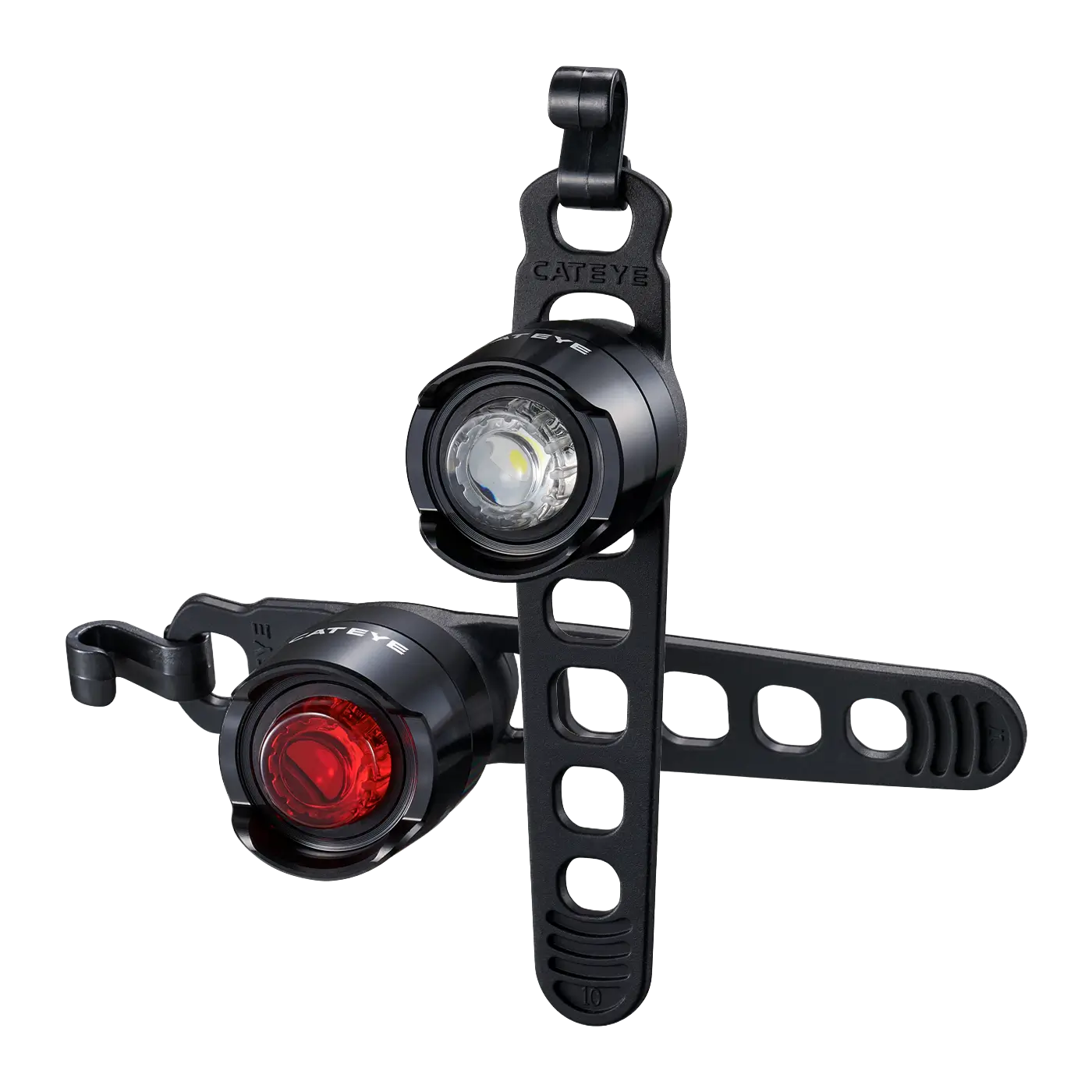 The CATEYE ORB Rechargeable includes two compact round LED bike lights—white and red—with black rubber straps for adjustable mounting, providing enhanced visibility and safety on your ride.