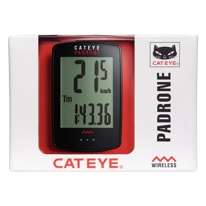 A CATEYE Padrone (CPSC) bike computer in its box, featuring a large display for speed and elapsed time, with CATEYE branding on the packaging.