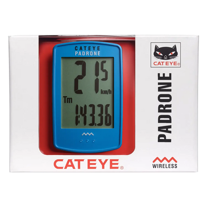 A blue CATEYE Padrone (CPSC) bike computer is displayed in its packaging, showing numbers on screen. The white box has red and black text, a cat logo at the top right, and promotes its programmable odometer feature.